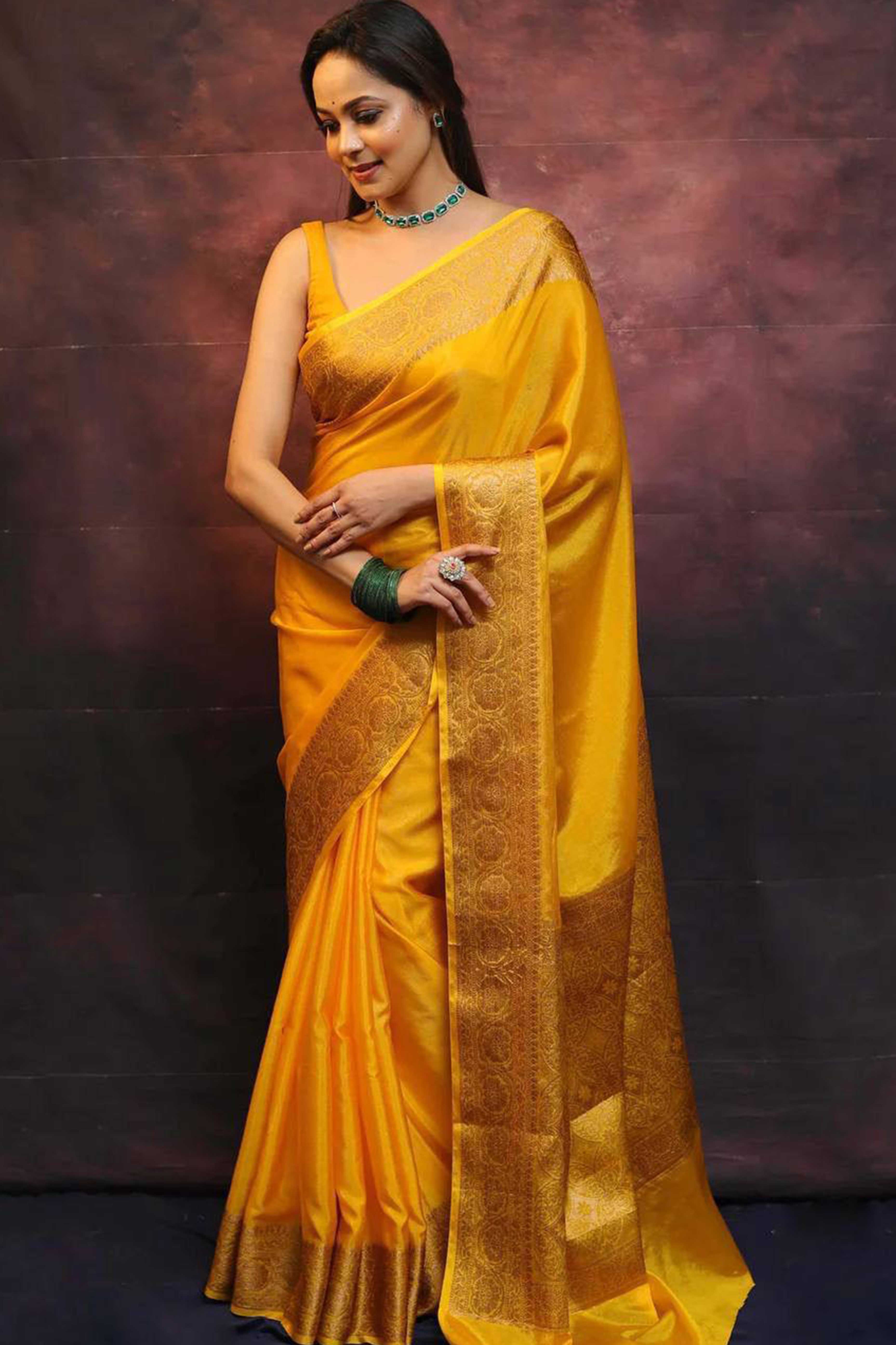 Mustard Floral Woven Lichi Banarasi Silk Saree