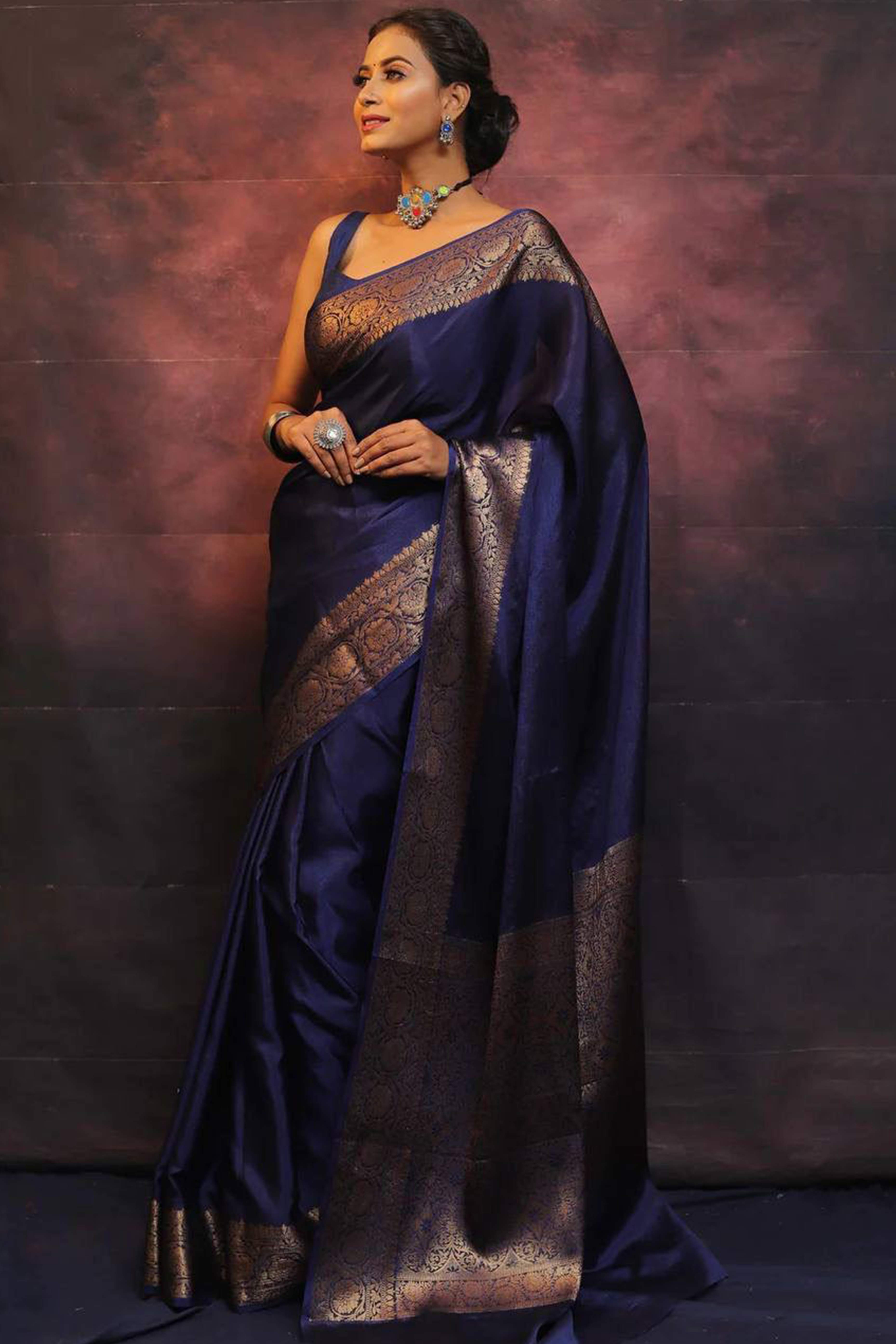 Navy Blue Floral Woven Lichi Banarasi Silk Saree