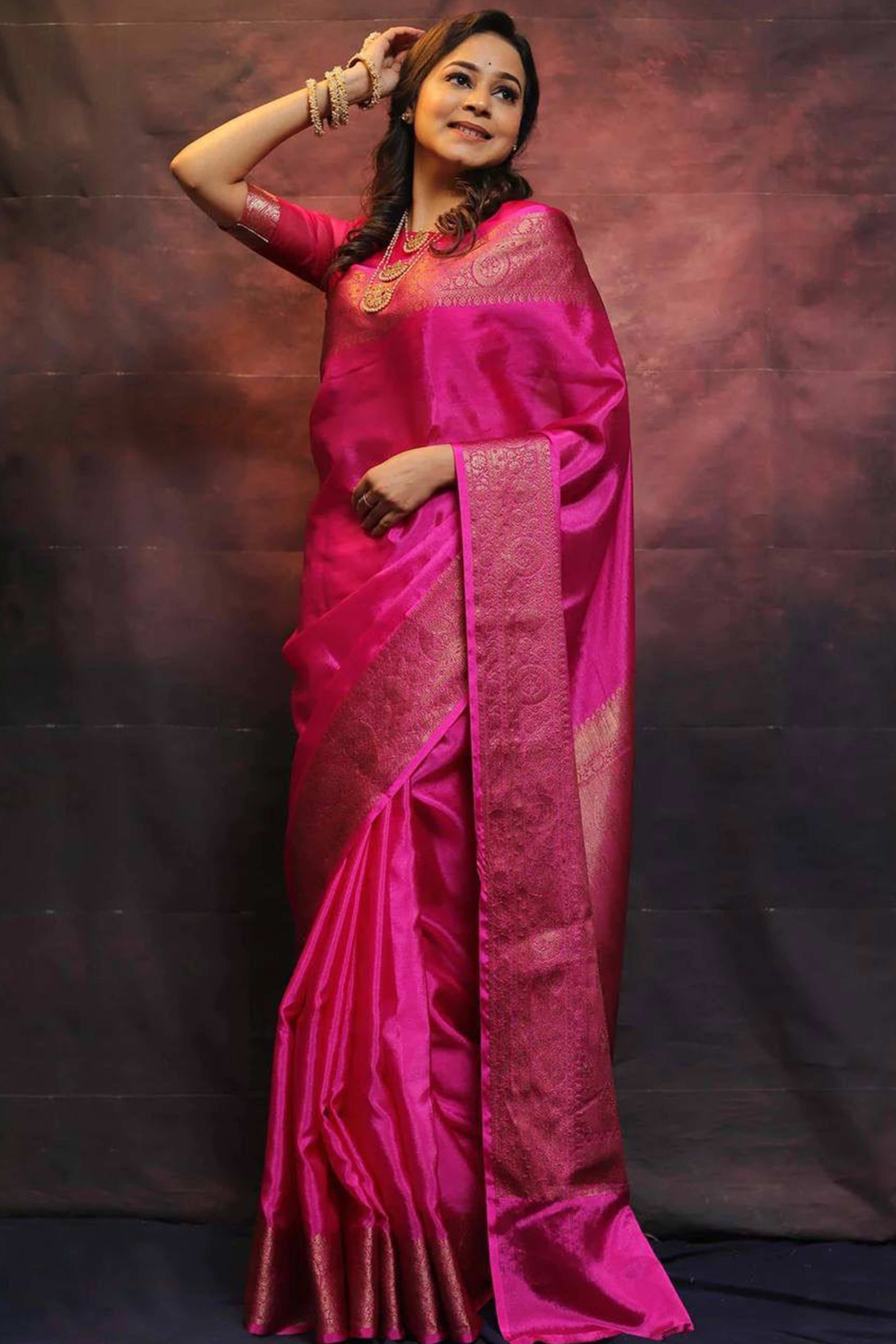 Pink Floral Woven Lichi Banarasi Silk Saree