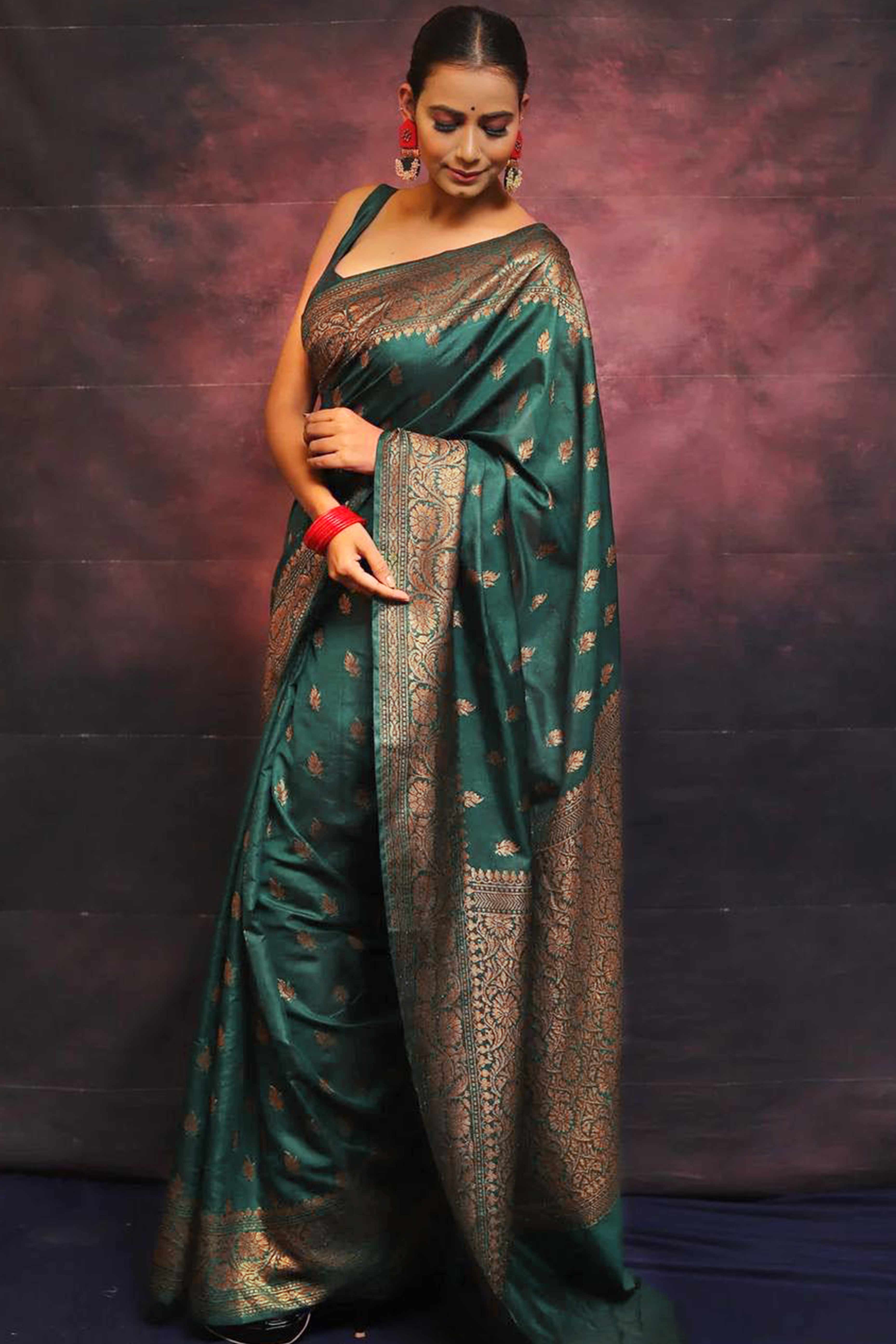 Green Organic Banarasi Silk Saree with Floral Zari Ornamentation