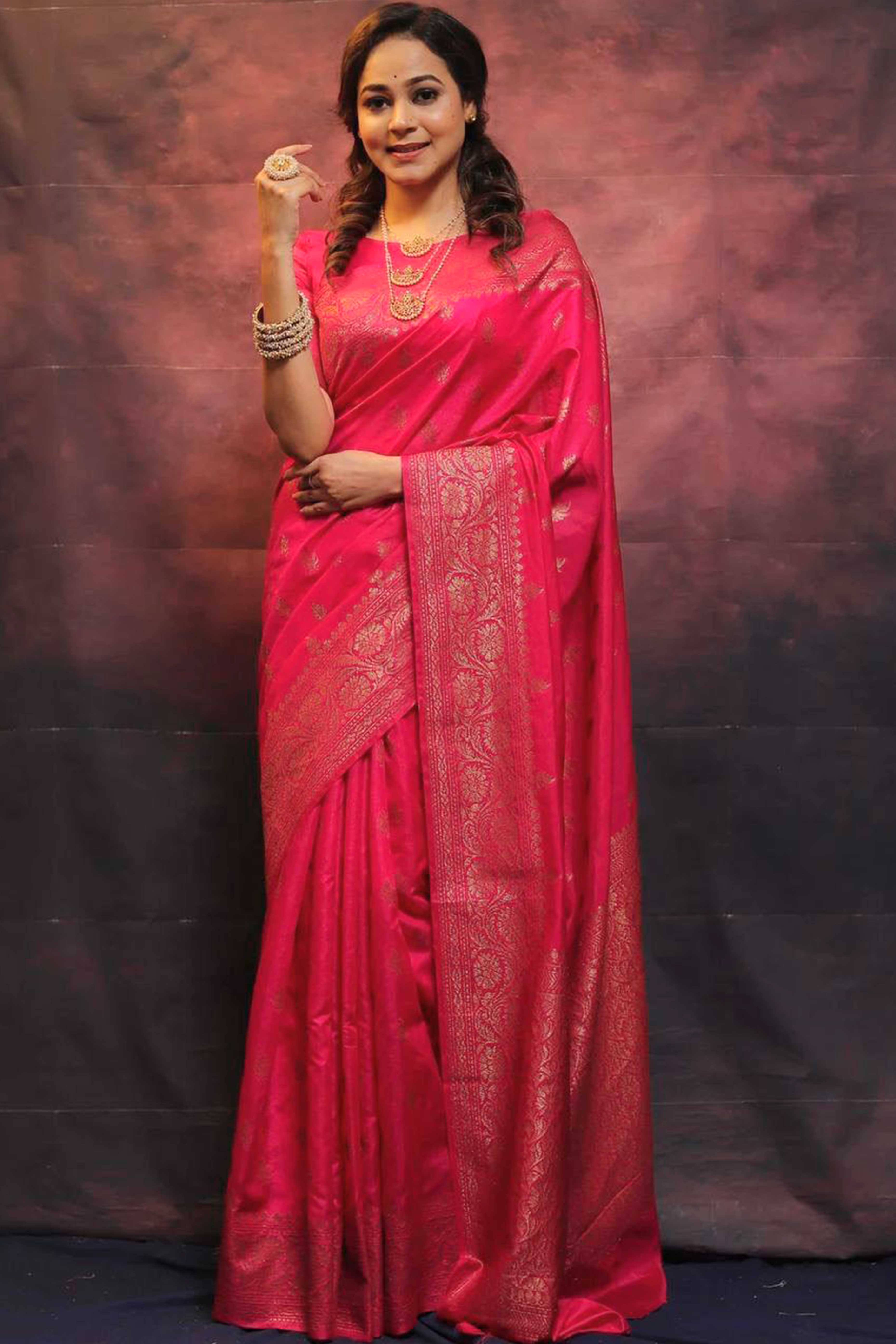 Pink Organic Banarasi Silk Saree with Floral Zari Accents