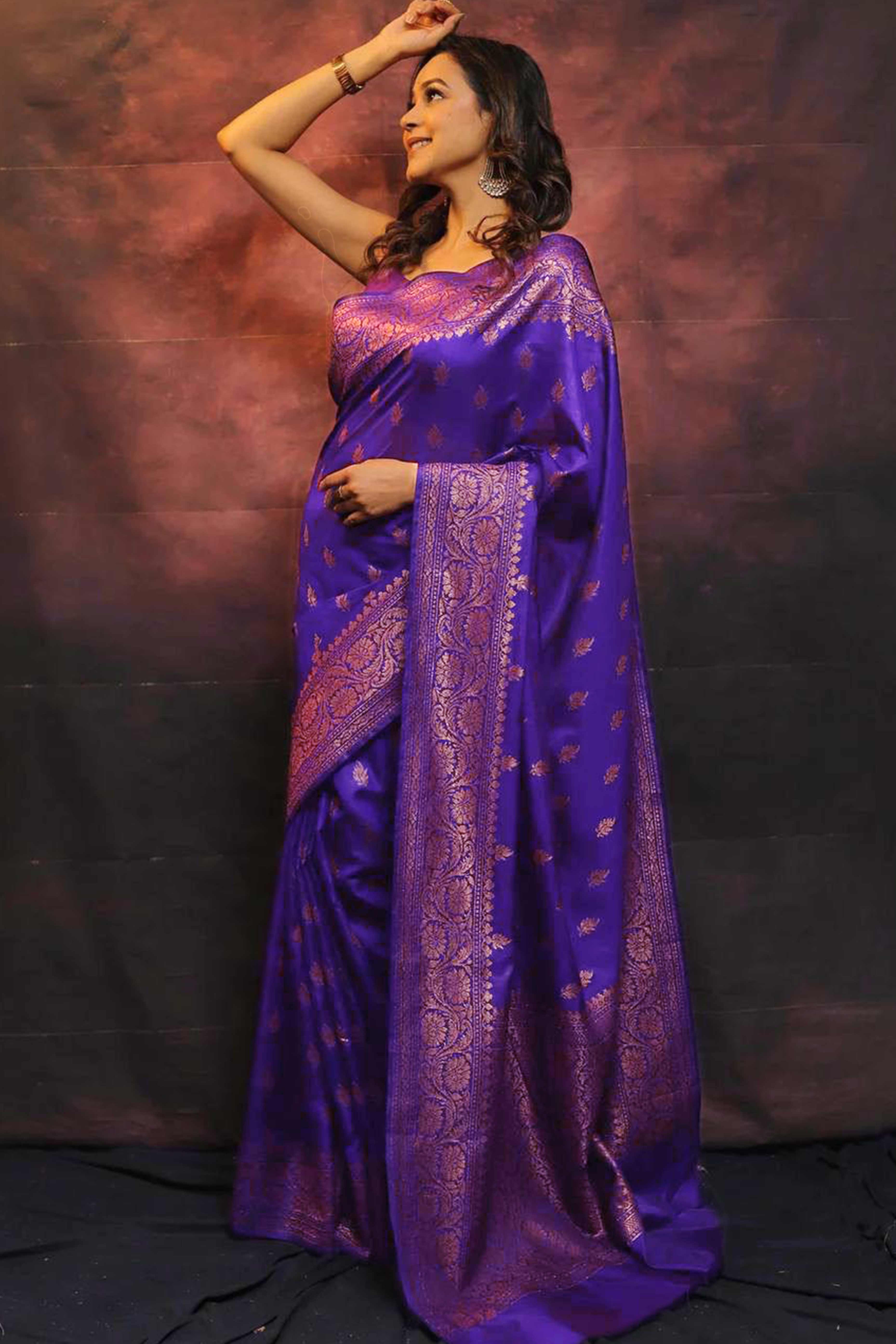 Violet Organic Banarasi Silk Saree with Floral Zari Detailing