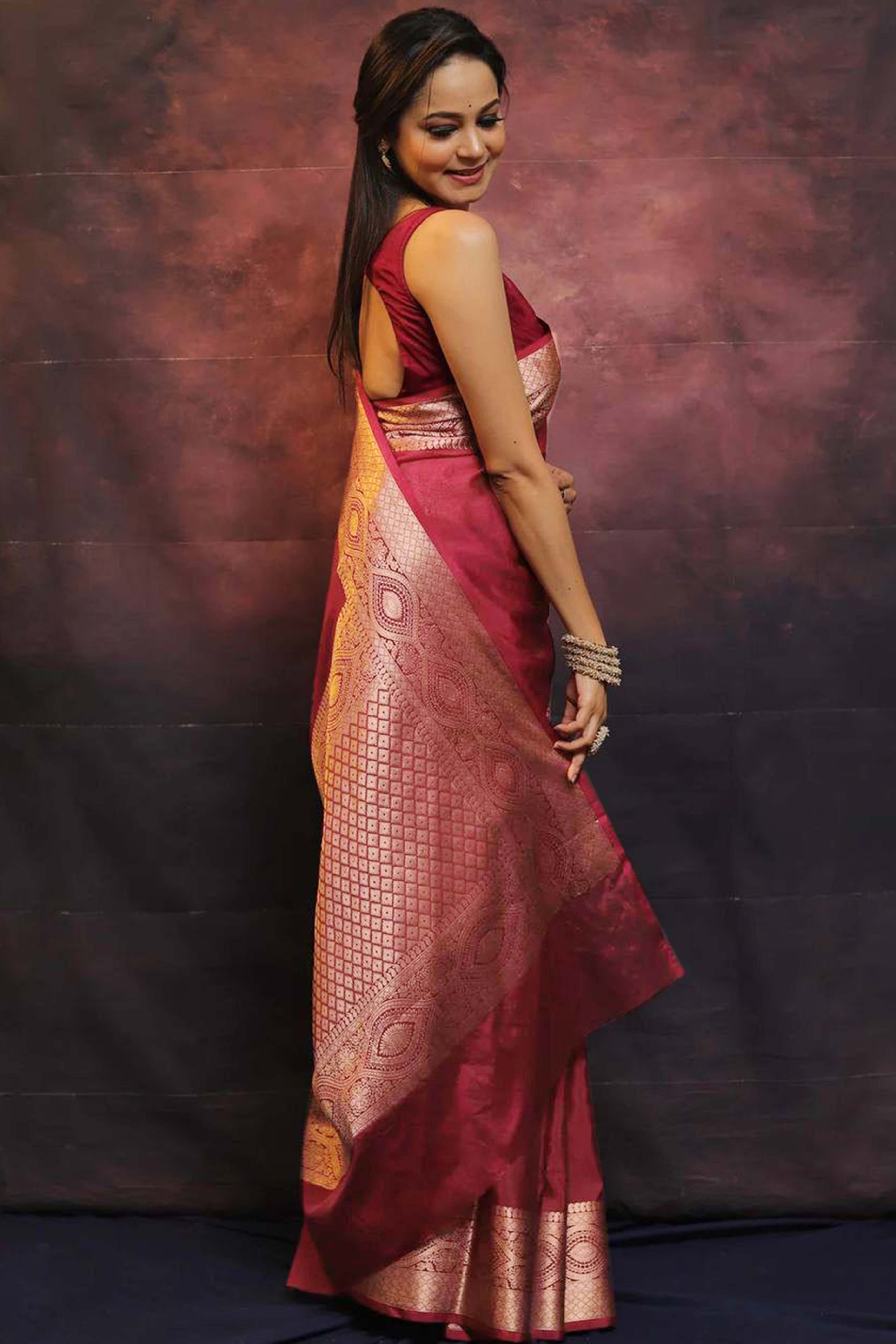 Regal Maroon Floral Zari Woven Lichi Banarasi Silk Saree