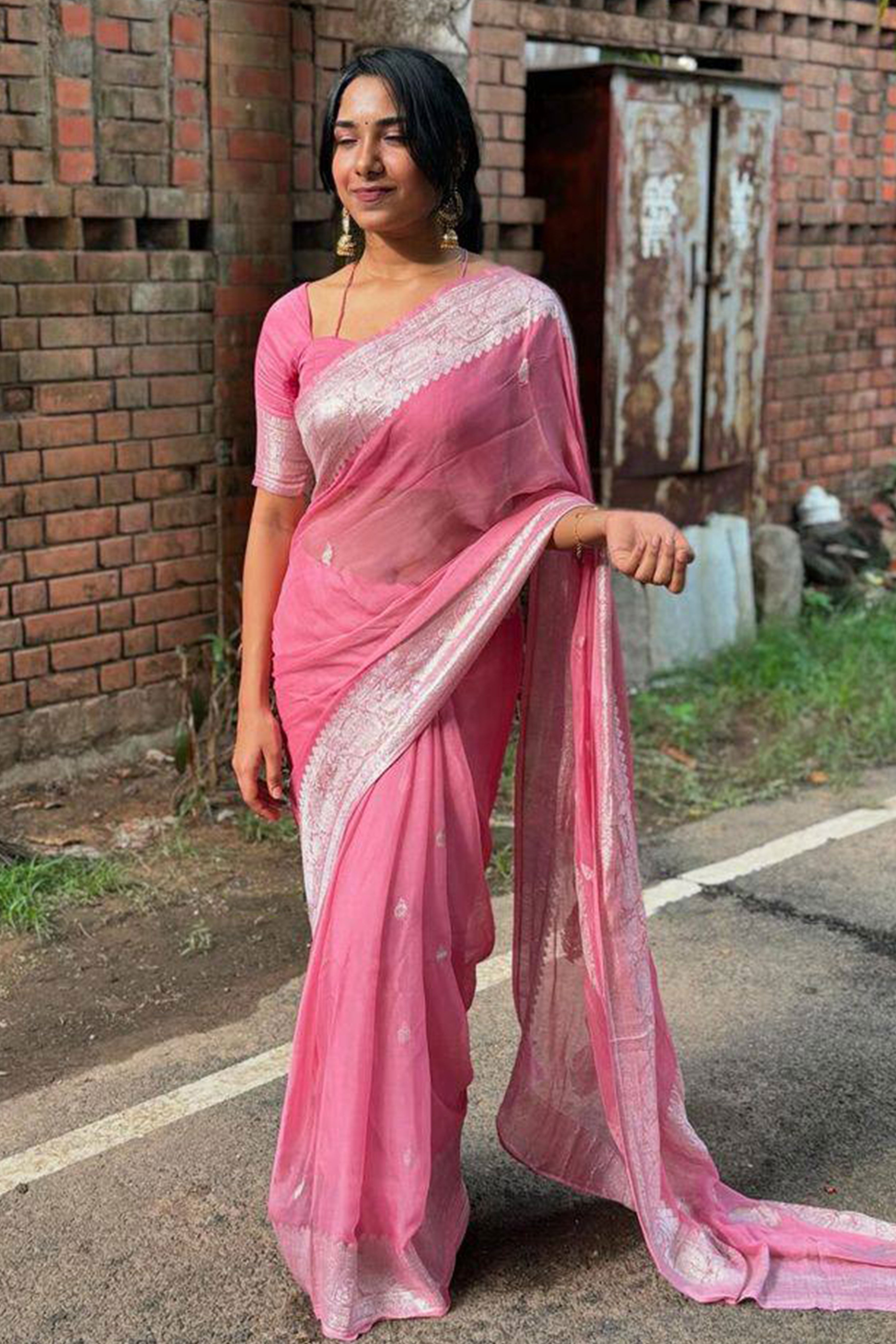 Pink Floral Woven Cotton Silk Saree