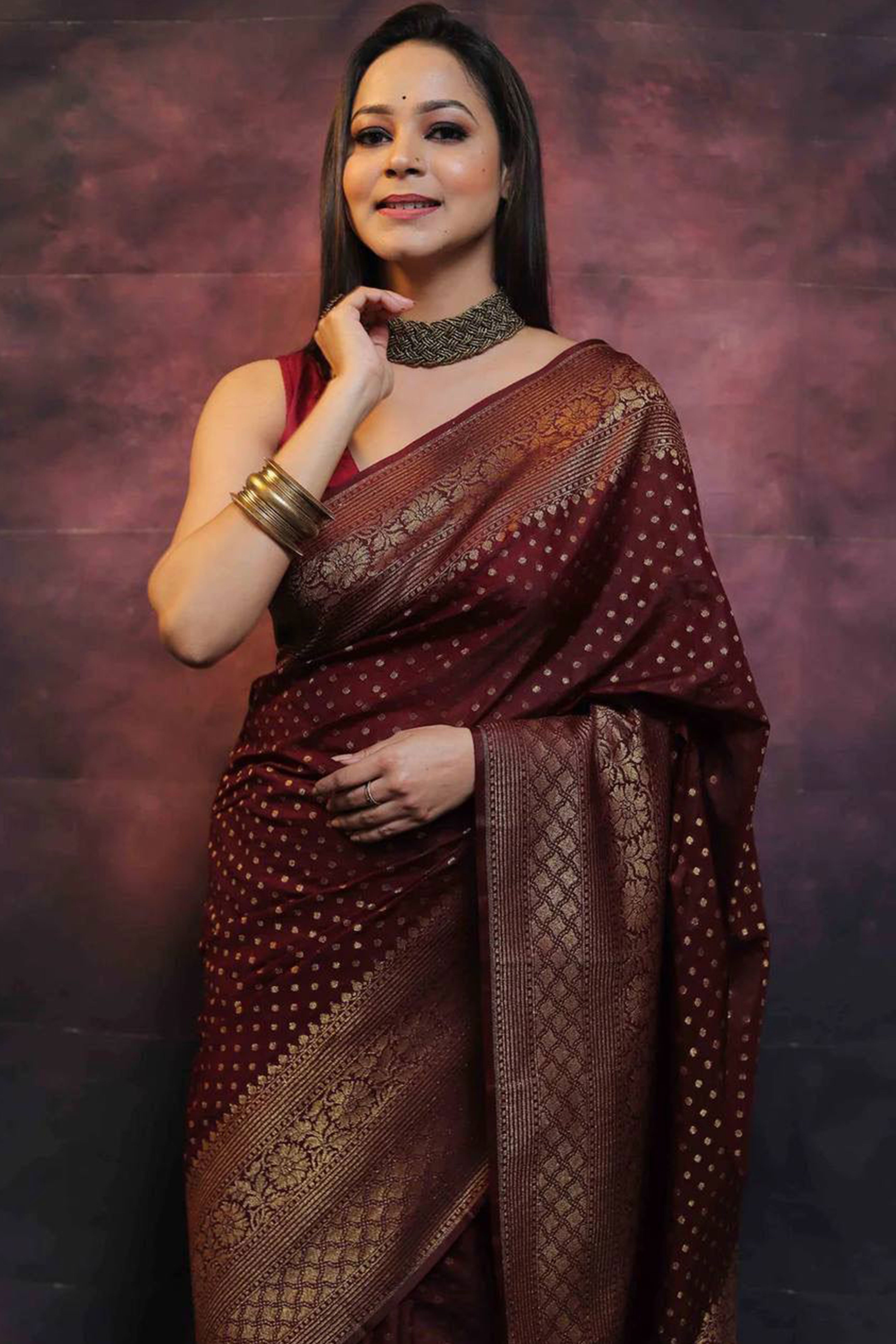 Maroon Floral Woven Lichi Banarasi Silk Saree