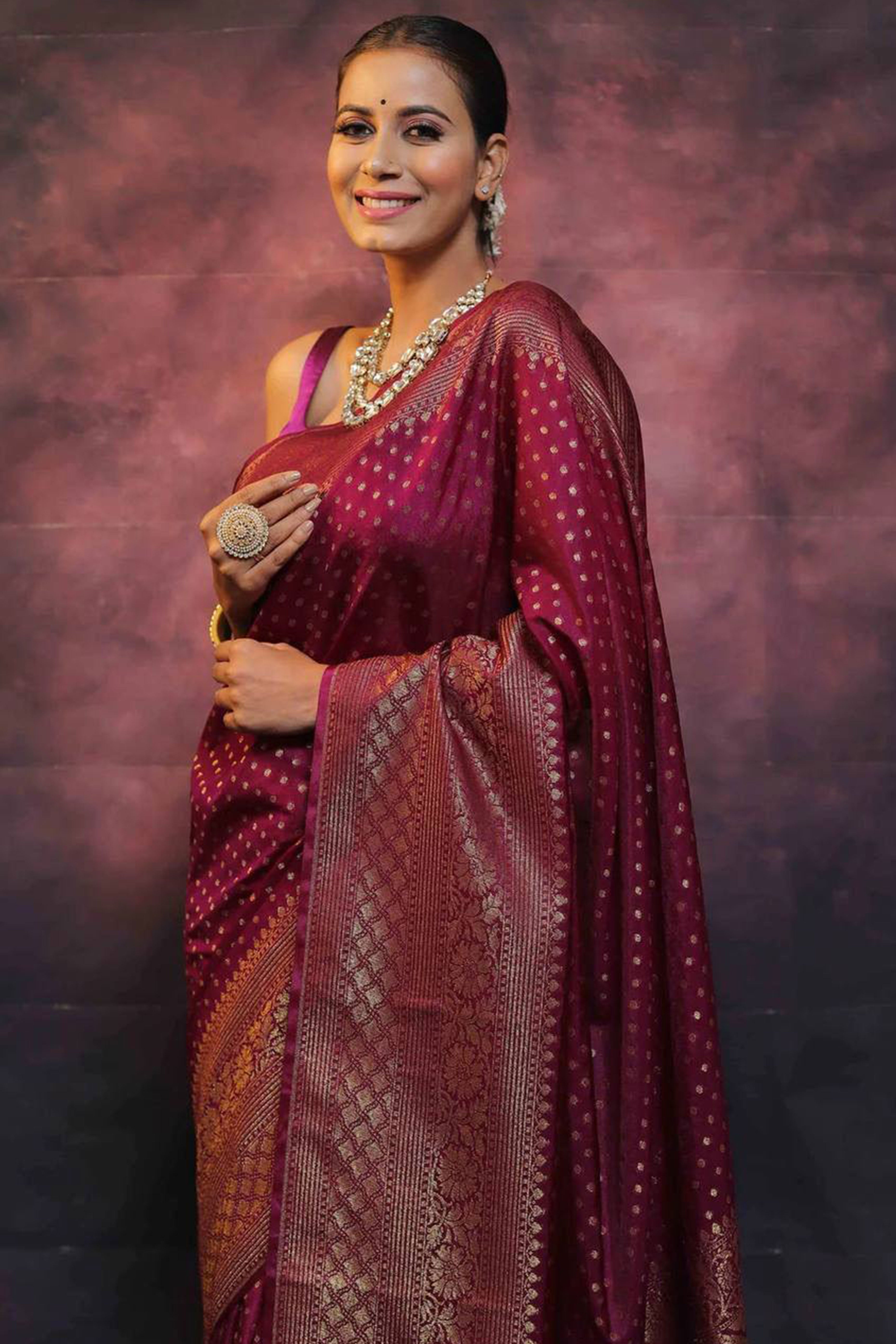 Wine Floral Woven Lichi Banarasi Silk Saree