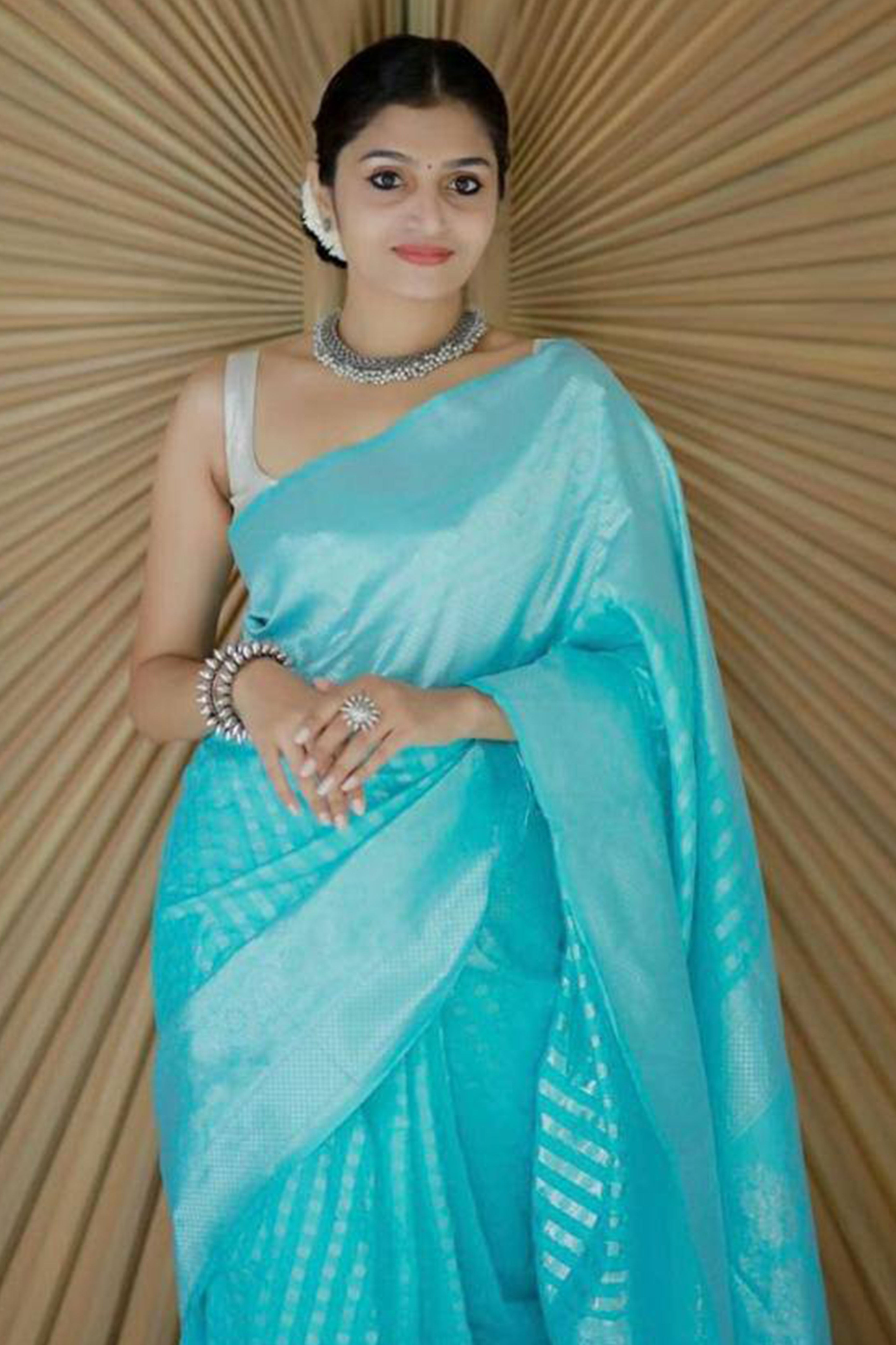 Blue Floral Woven Lichi Banarasi Silk Saree