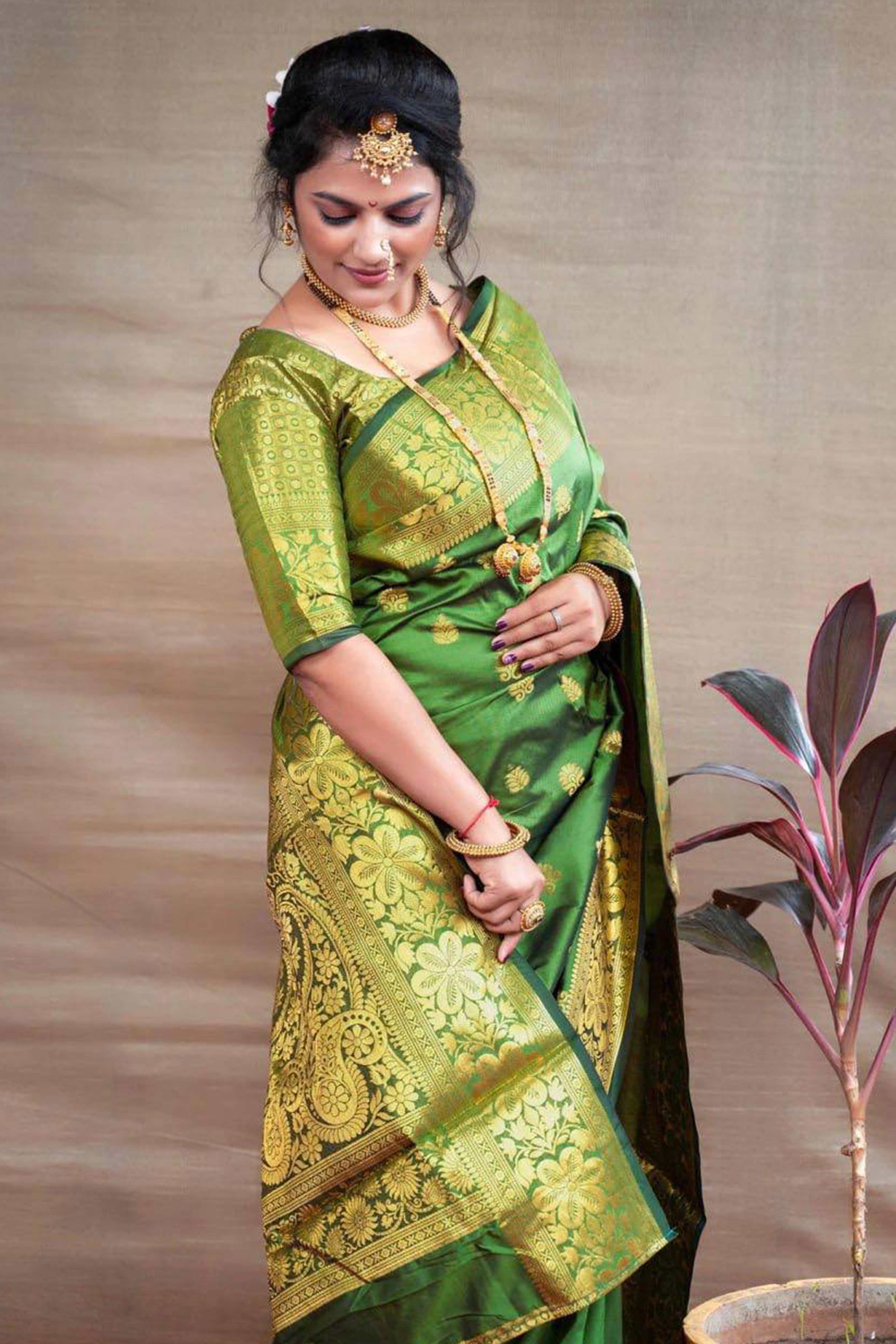Regal Green Banarasi Silk Saree With Intricate Zari Butti Weaving