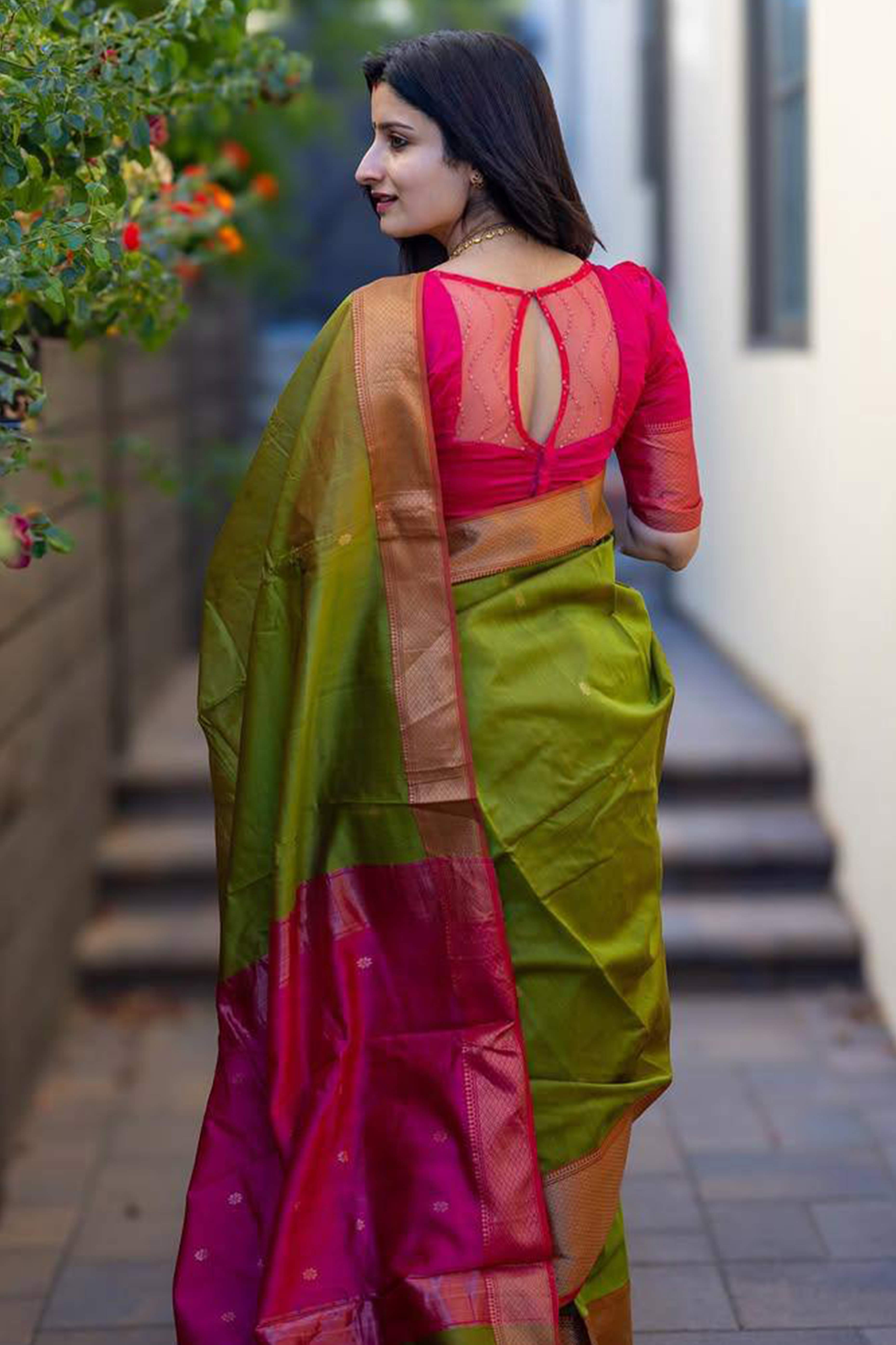 Green Floral Woven Lichi Banarasi Silk Saree