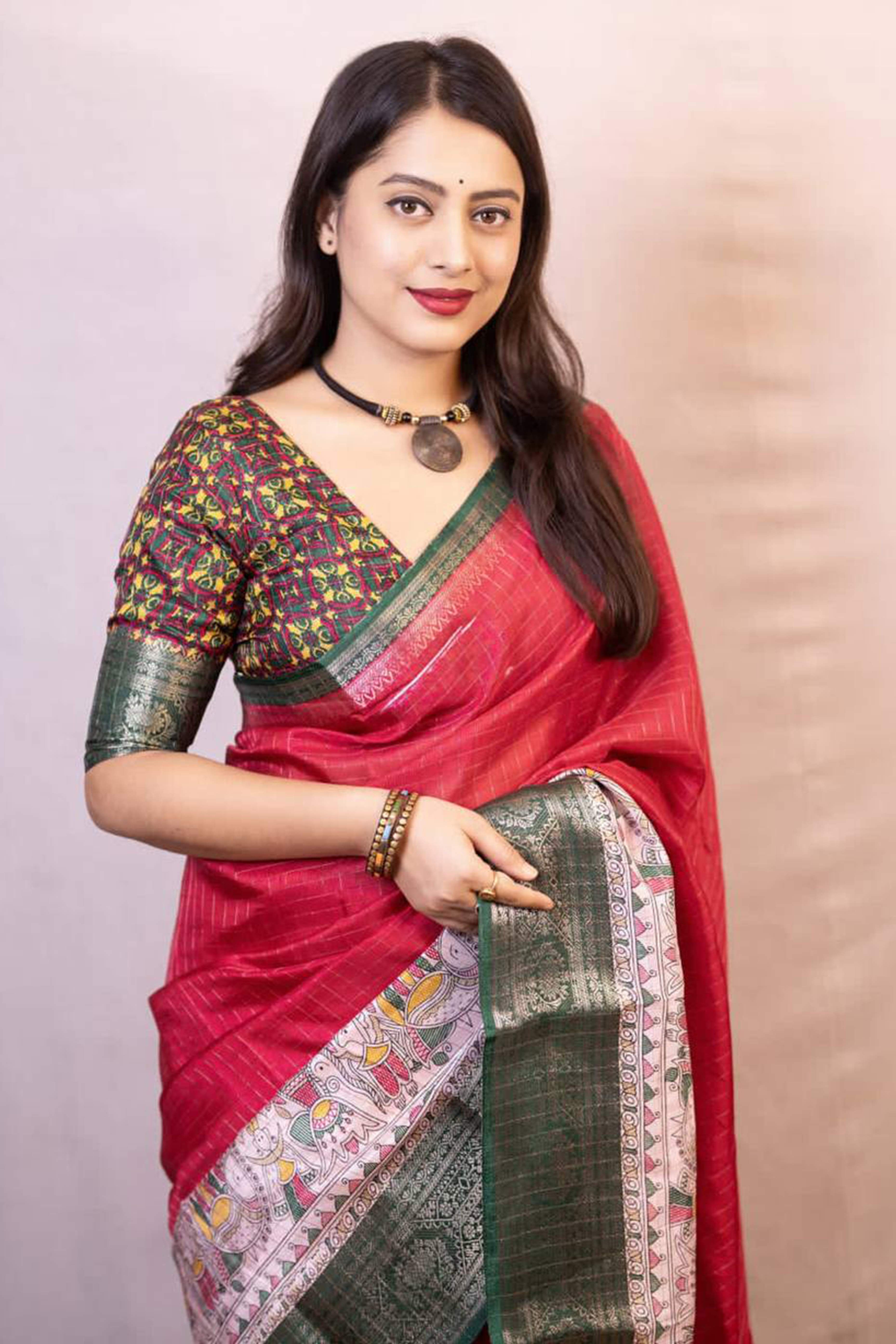 Pink Printed With Zari Checks Dola Silk Saree