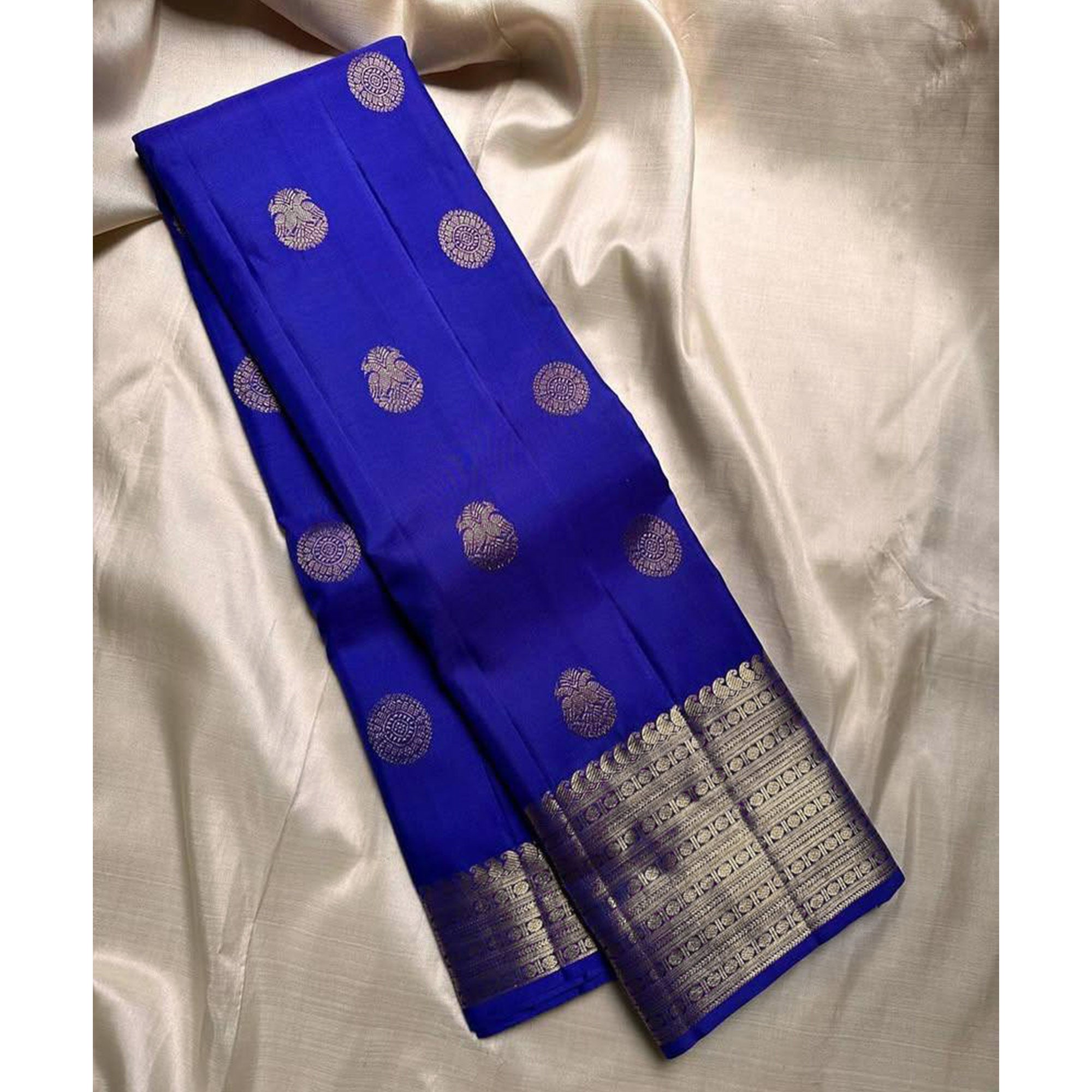 Royal Blue Floral Woven Lichi Banarasi Silk Saree