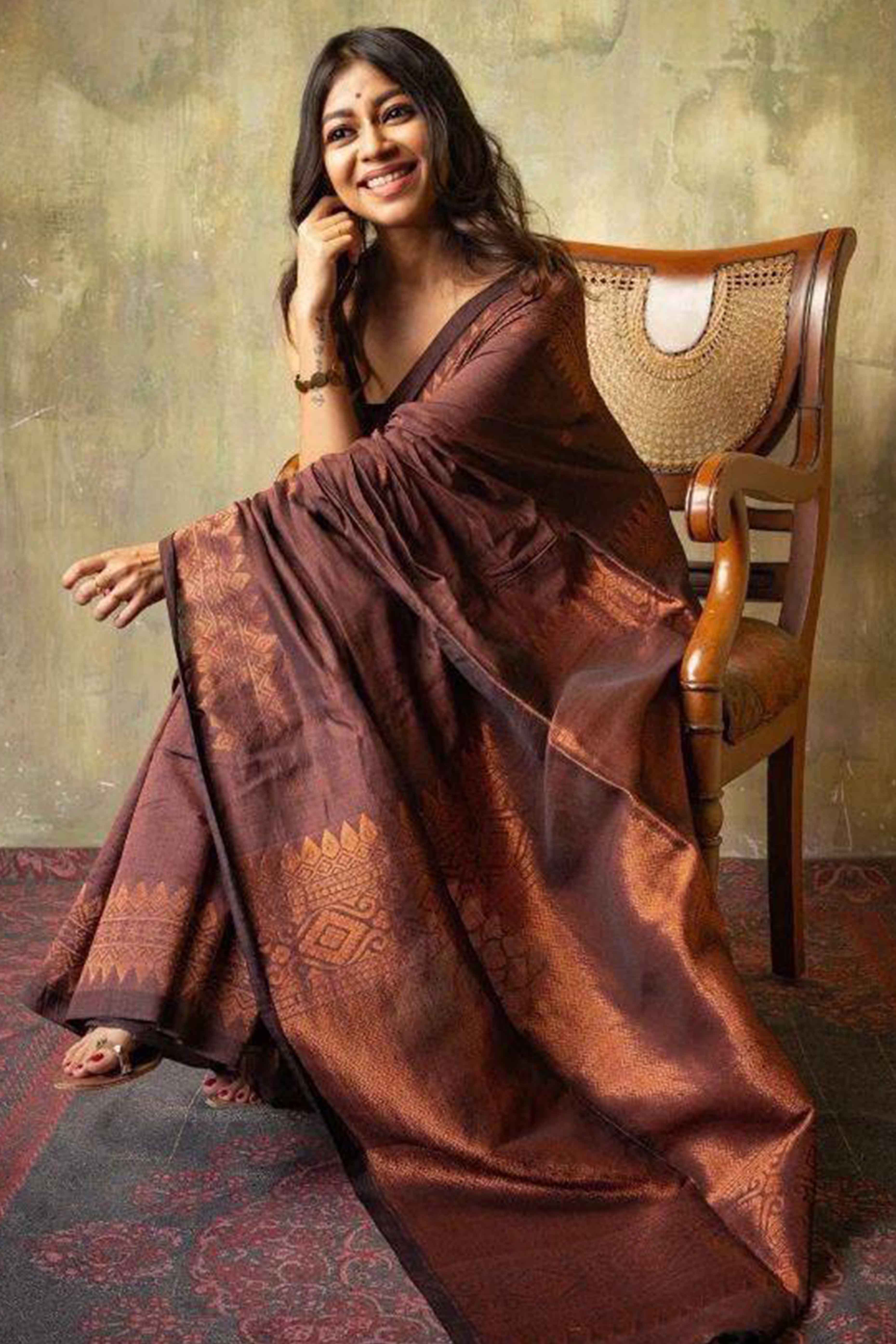 Brown Floral Woven Lichi Banarasi Silk Saree