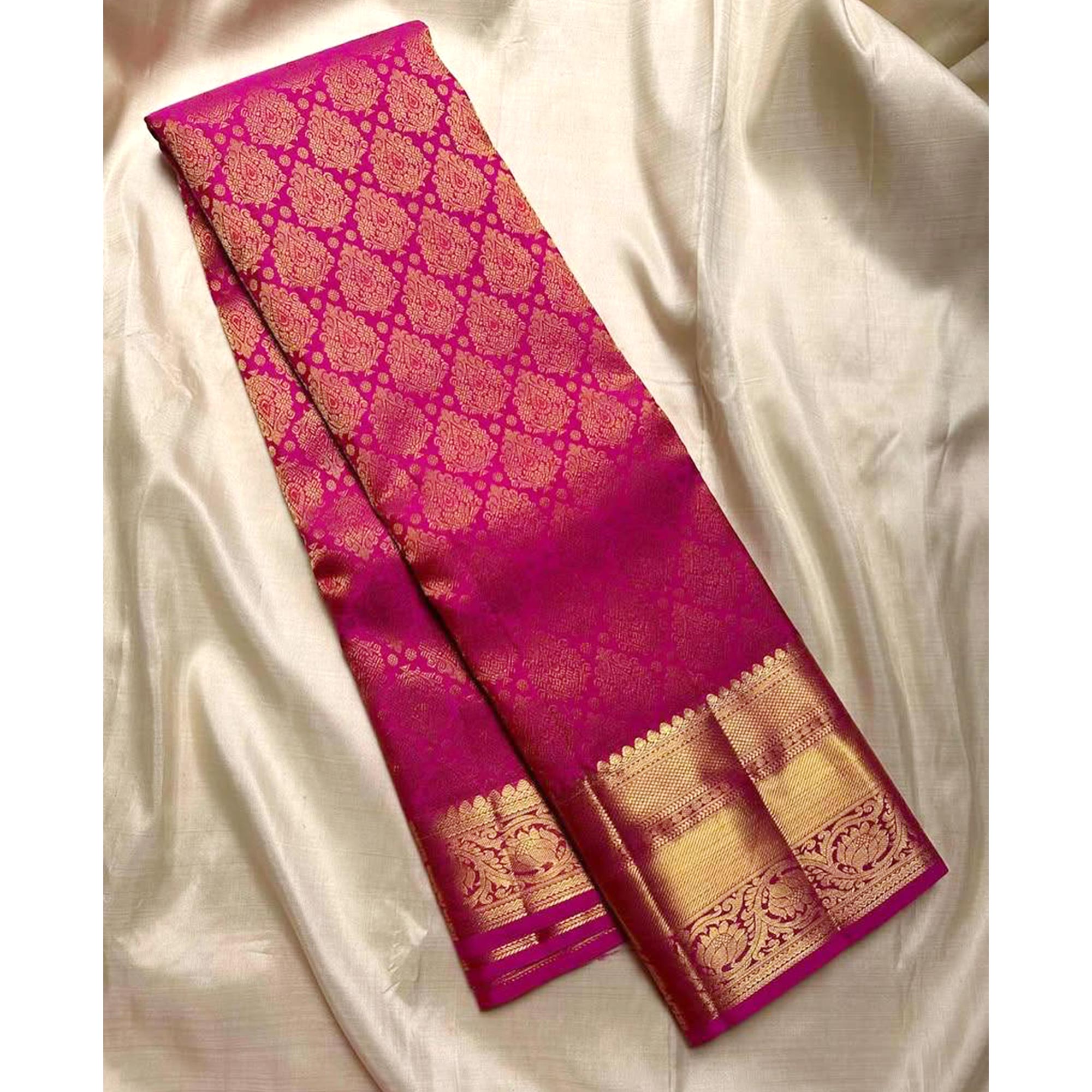 Rani Pink Floral Woven Lichi Banarasi Silk Saree