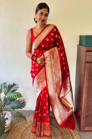 Radiant Red Banarasi Silk Saree With Intricate Zari Butti Weaving