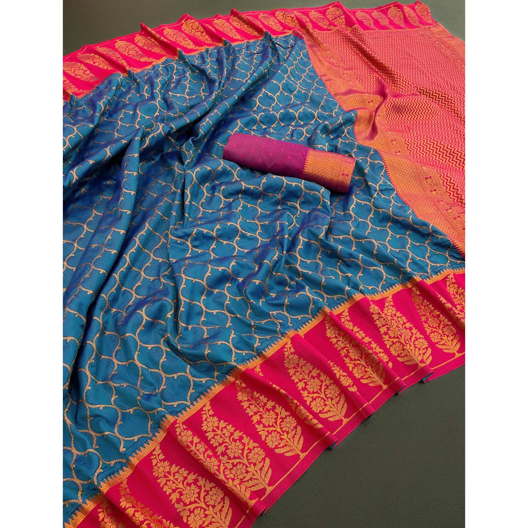 Blue Floral Woven Kanjivaram Silk Saree
