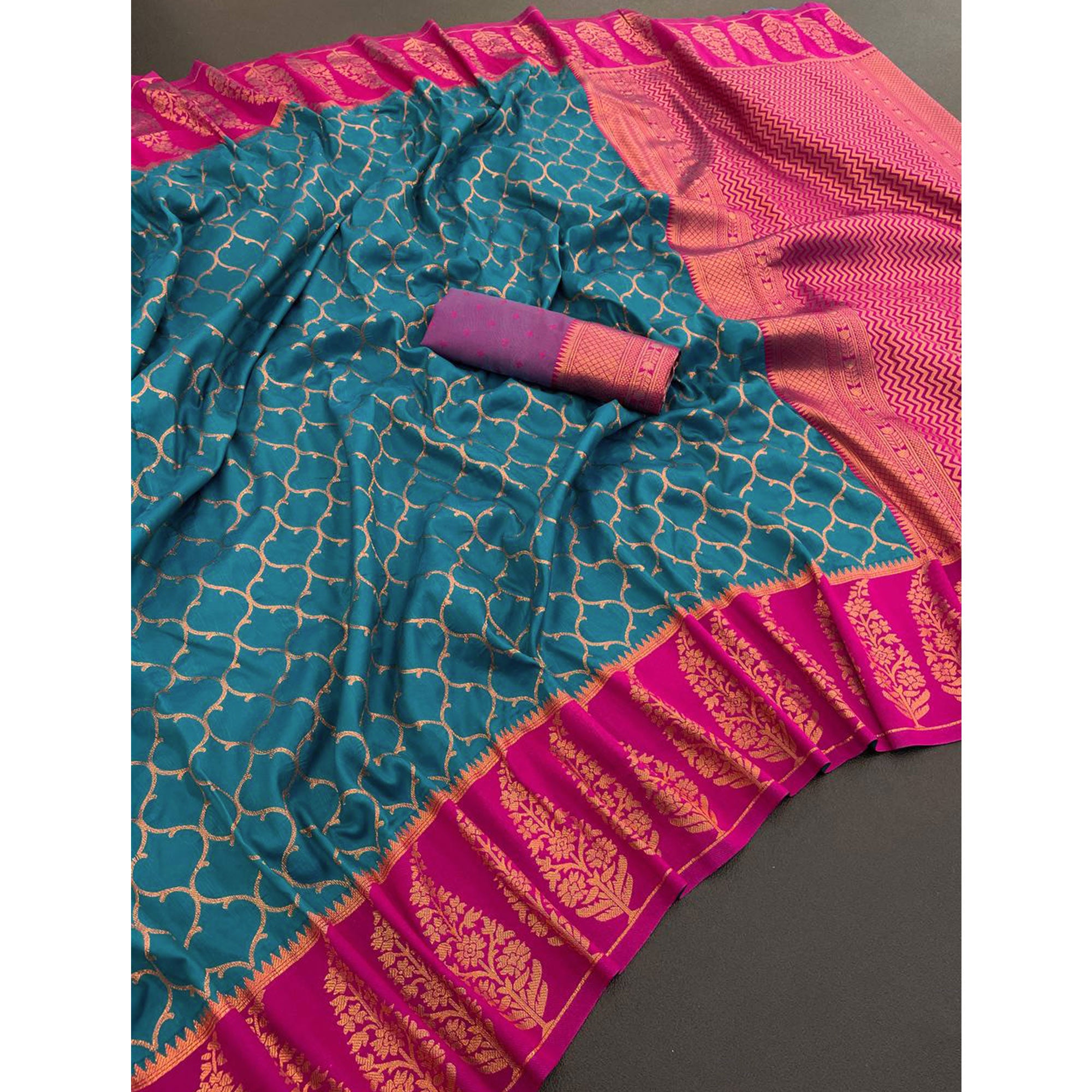 Rama Blue Floral Woven Kanjivaram Silk Saree