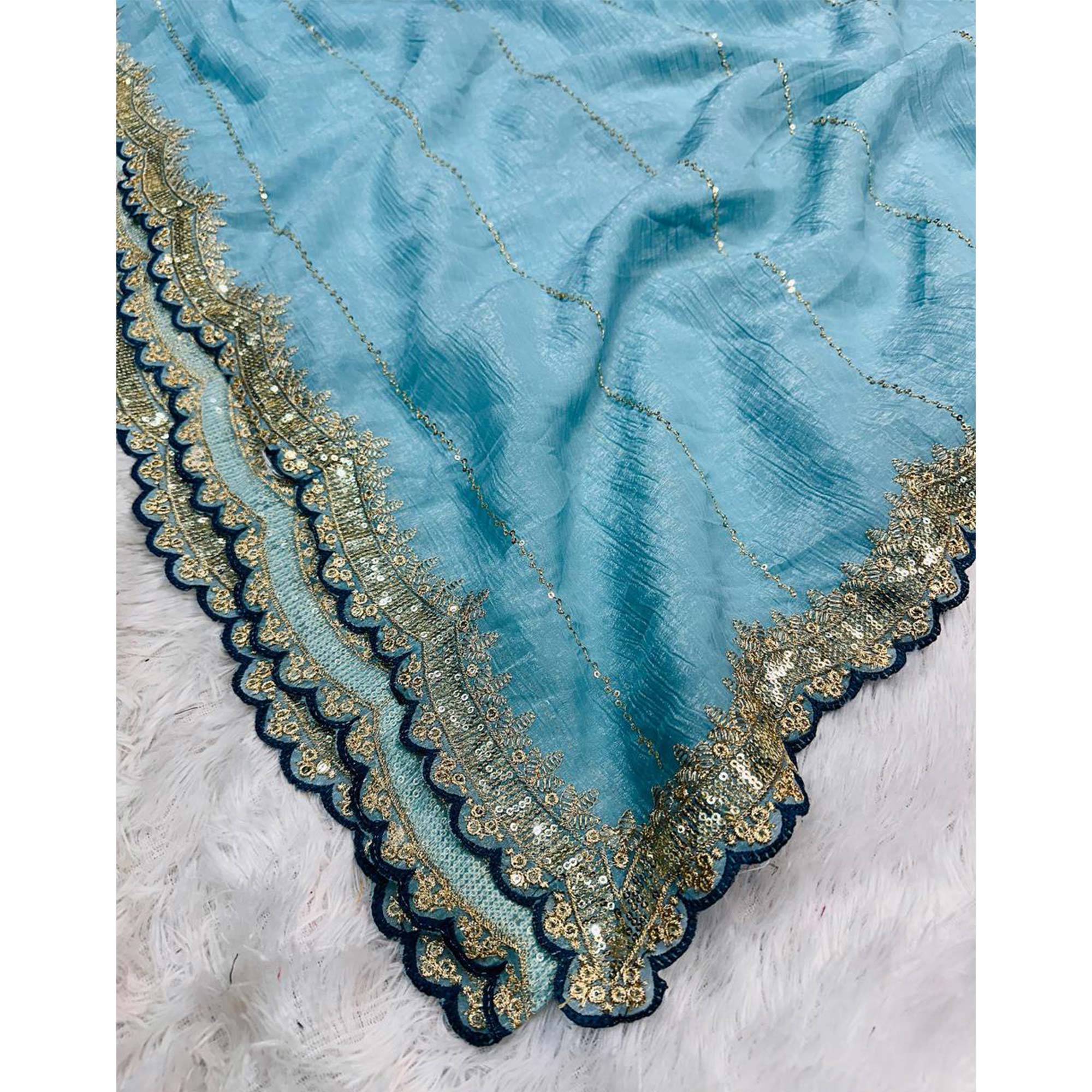 Blue Sequins Embroidered Tussar silk Saree