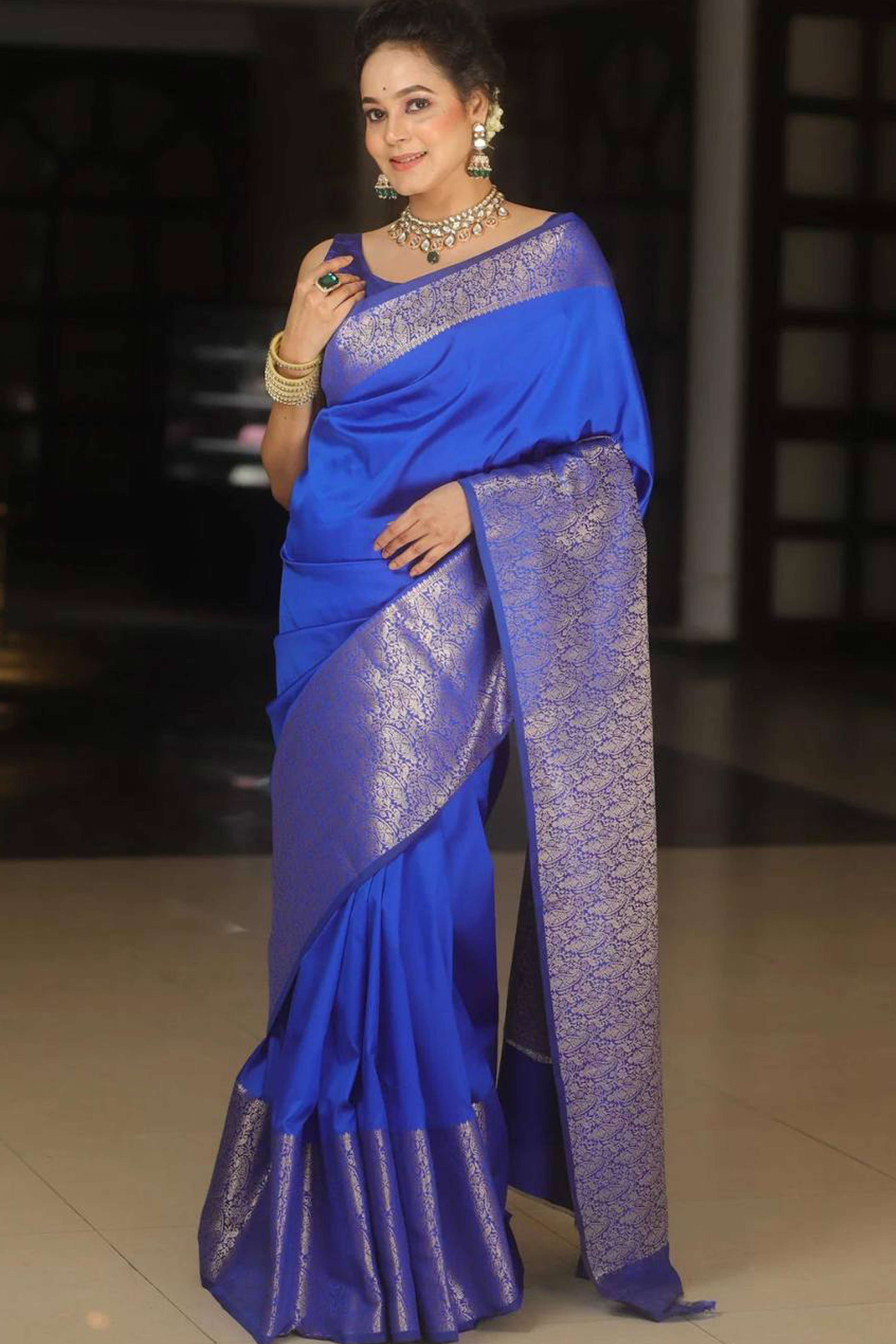 Blue Floral Woven Border Lichi Banarasi Silk Saree