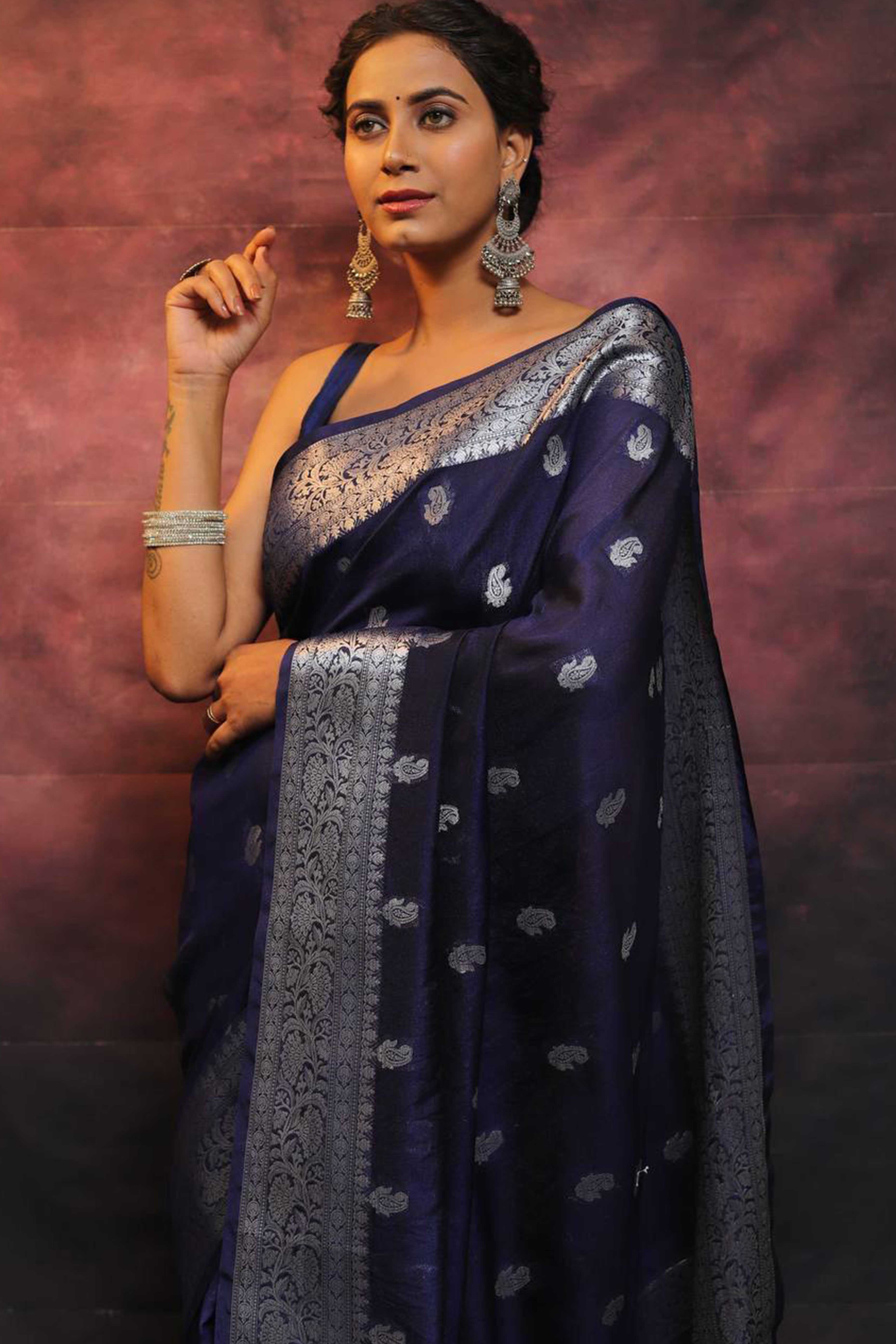 Navy Blue Floral Woven Lichi Banarasi Silk Saree