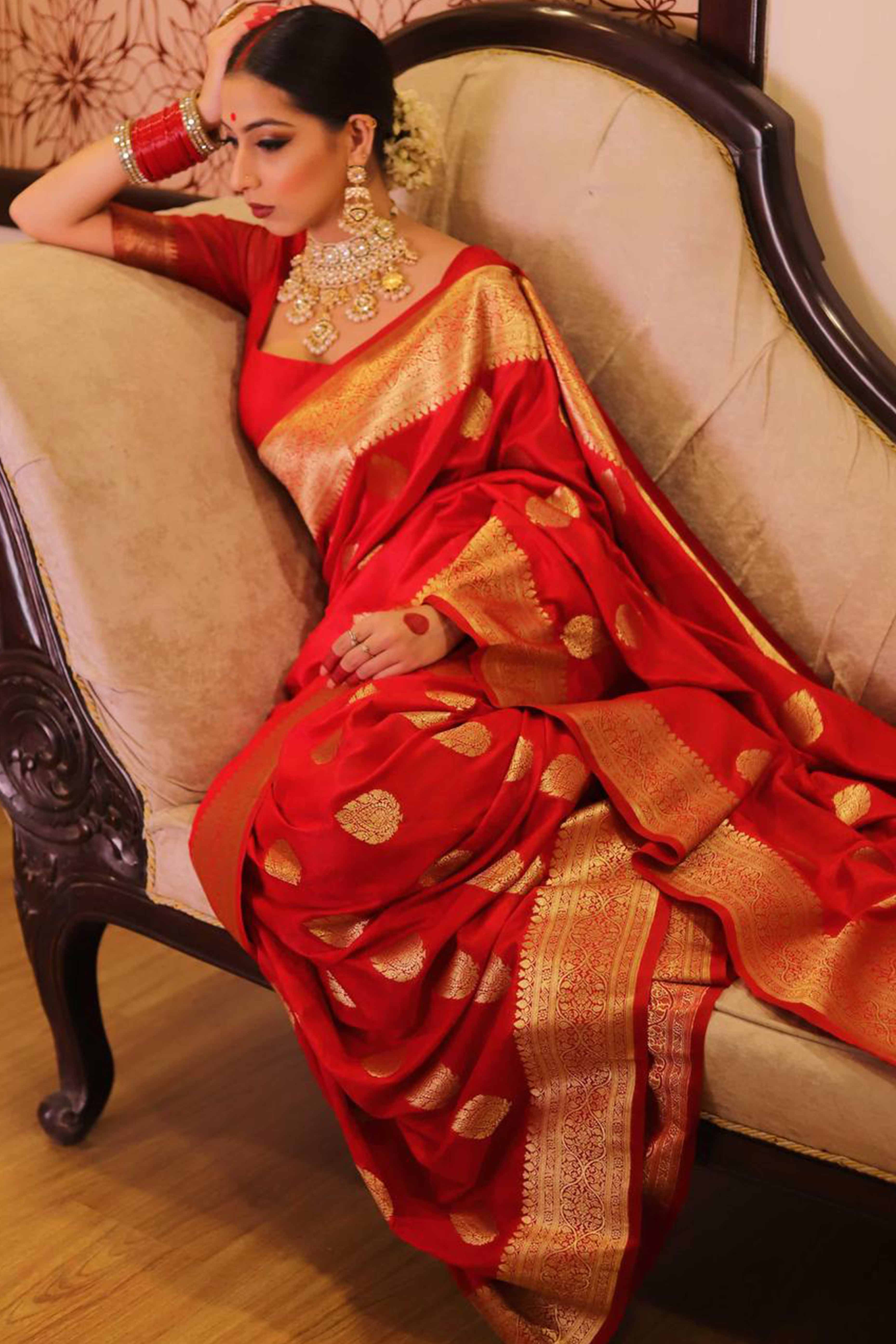 Red Floral Woven Lichi Banarasi Silk Saree