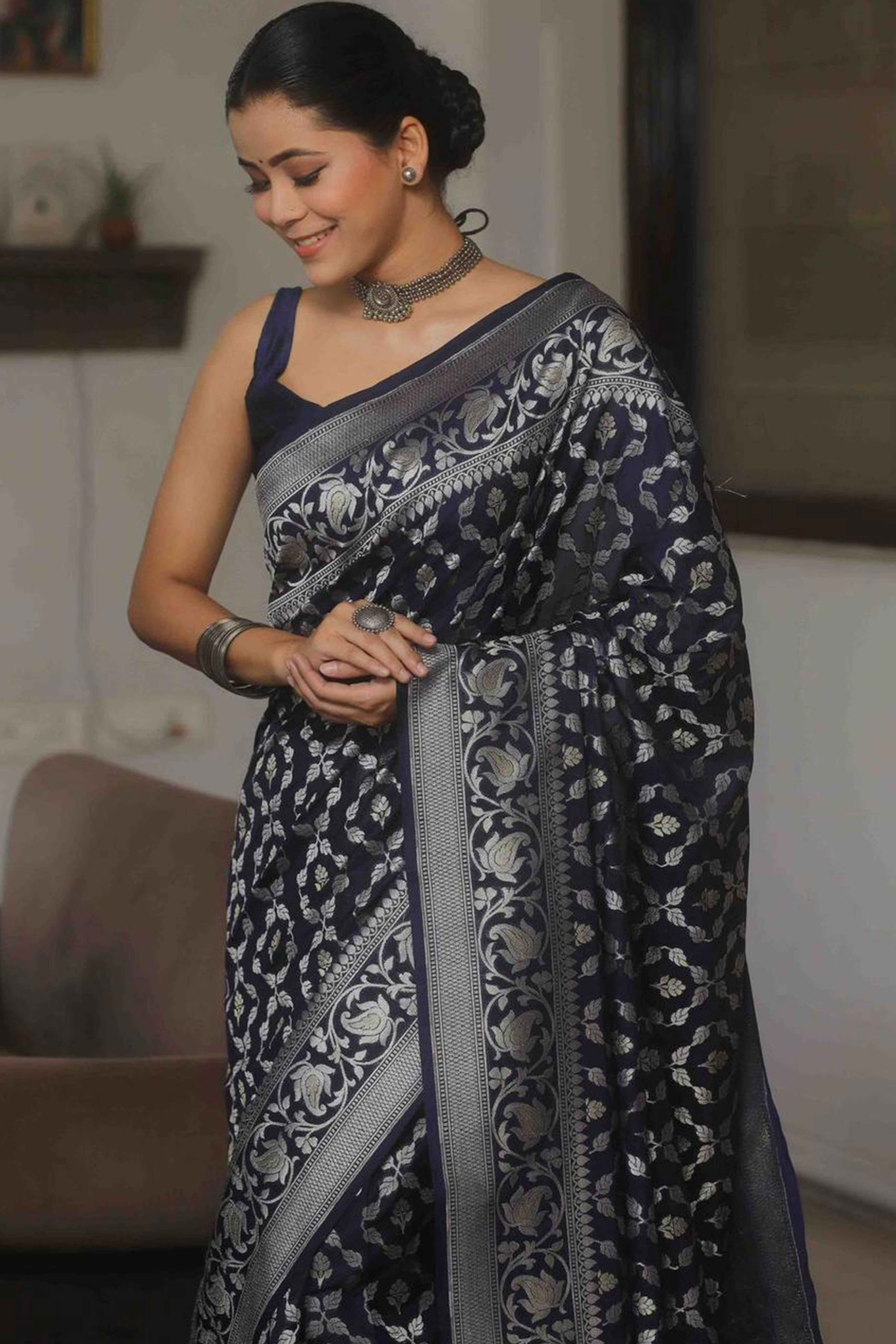 Navy Blue Floral Woven Banarasi Silk Saree