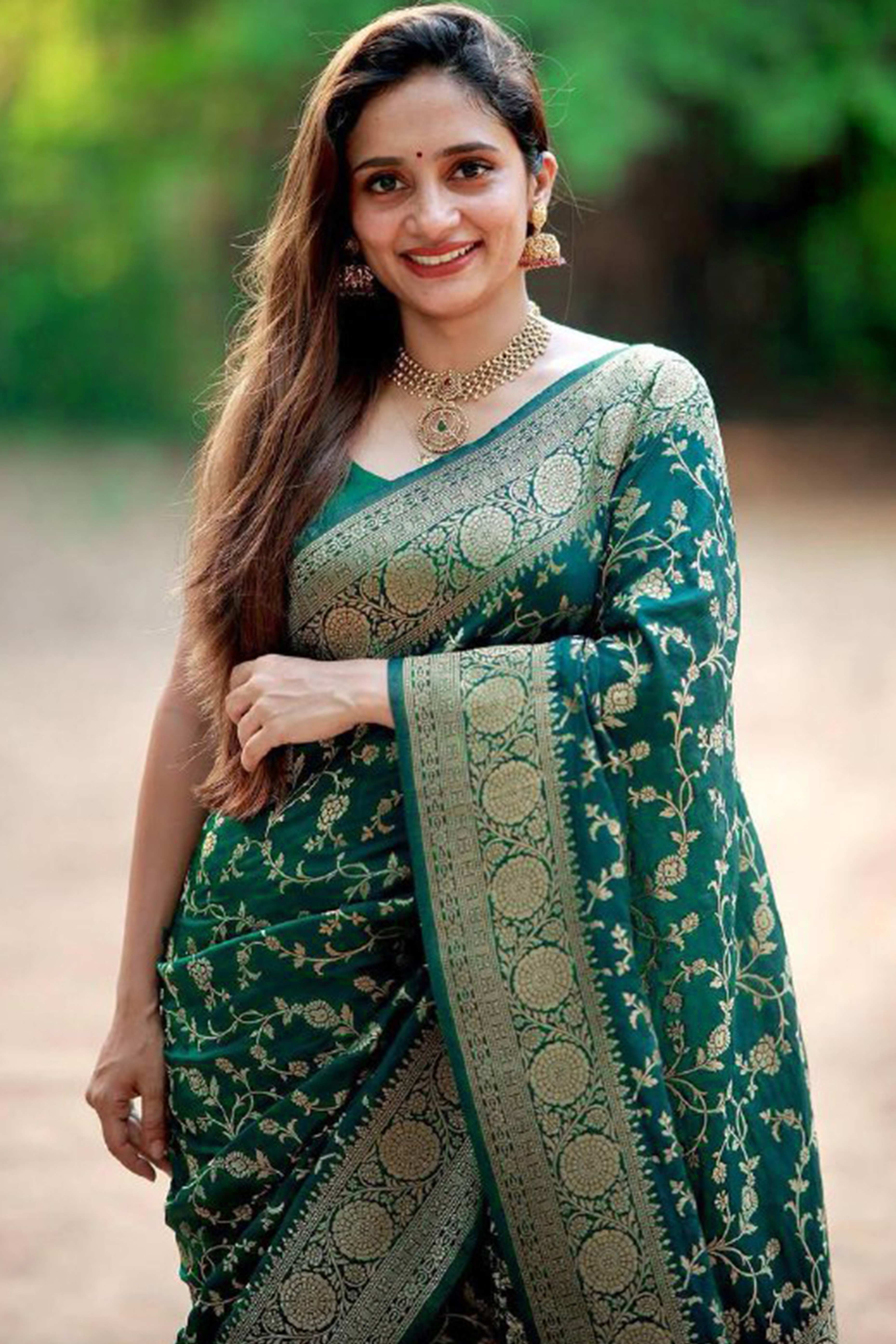 Green Saree in Pure Banarasi Silk with Artistically Woven Floral Zari Accents