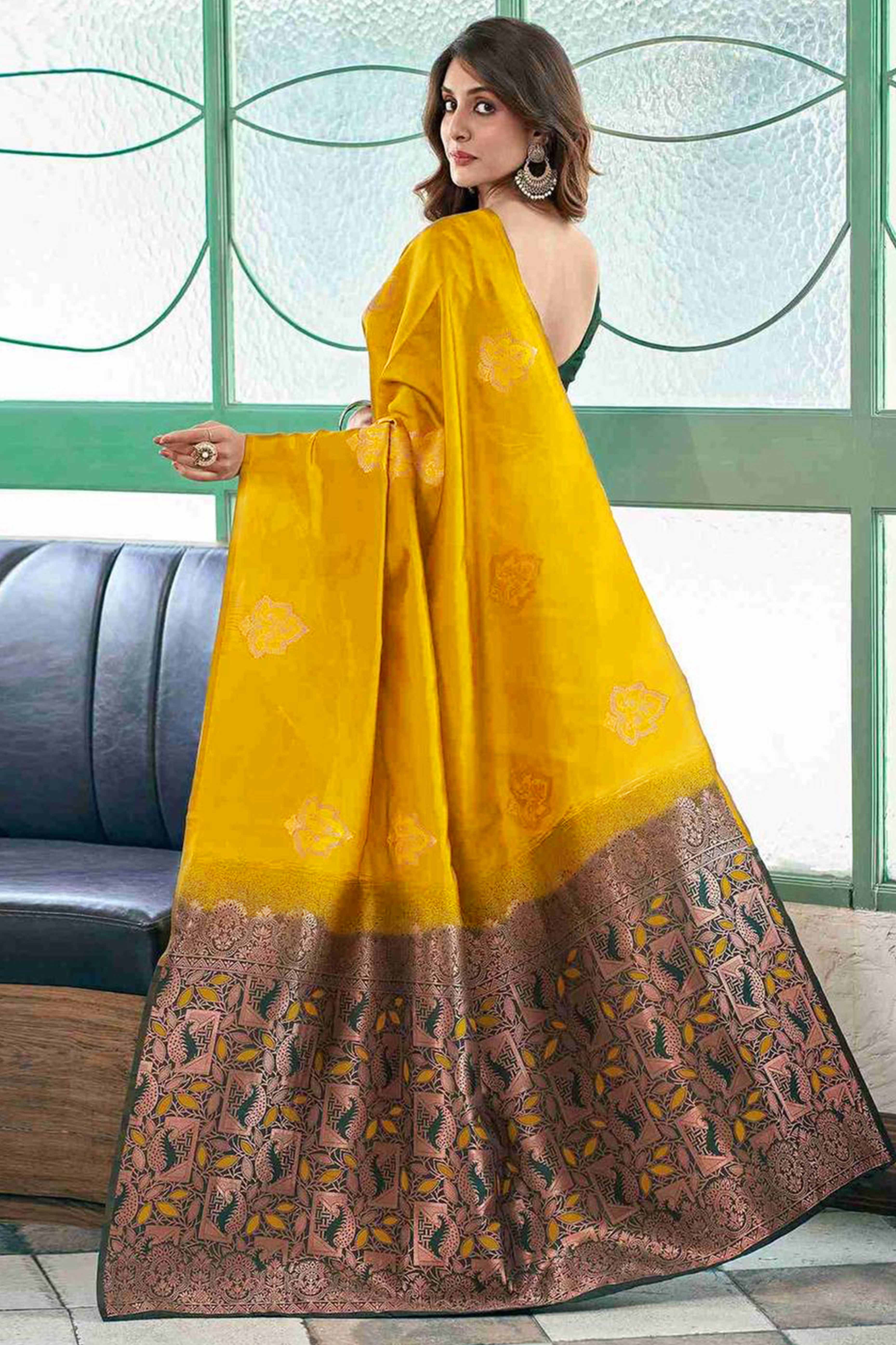 Mustard Banarasi Silk Saree Adorned with Elegant Floral Zari Weaving