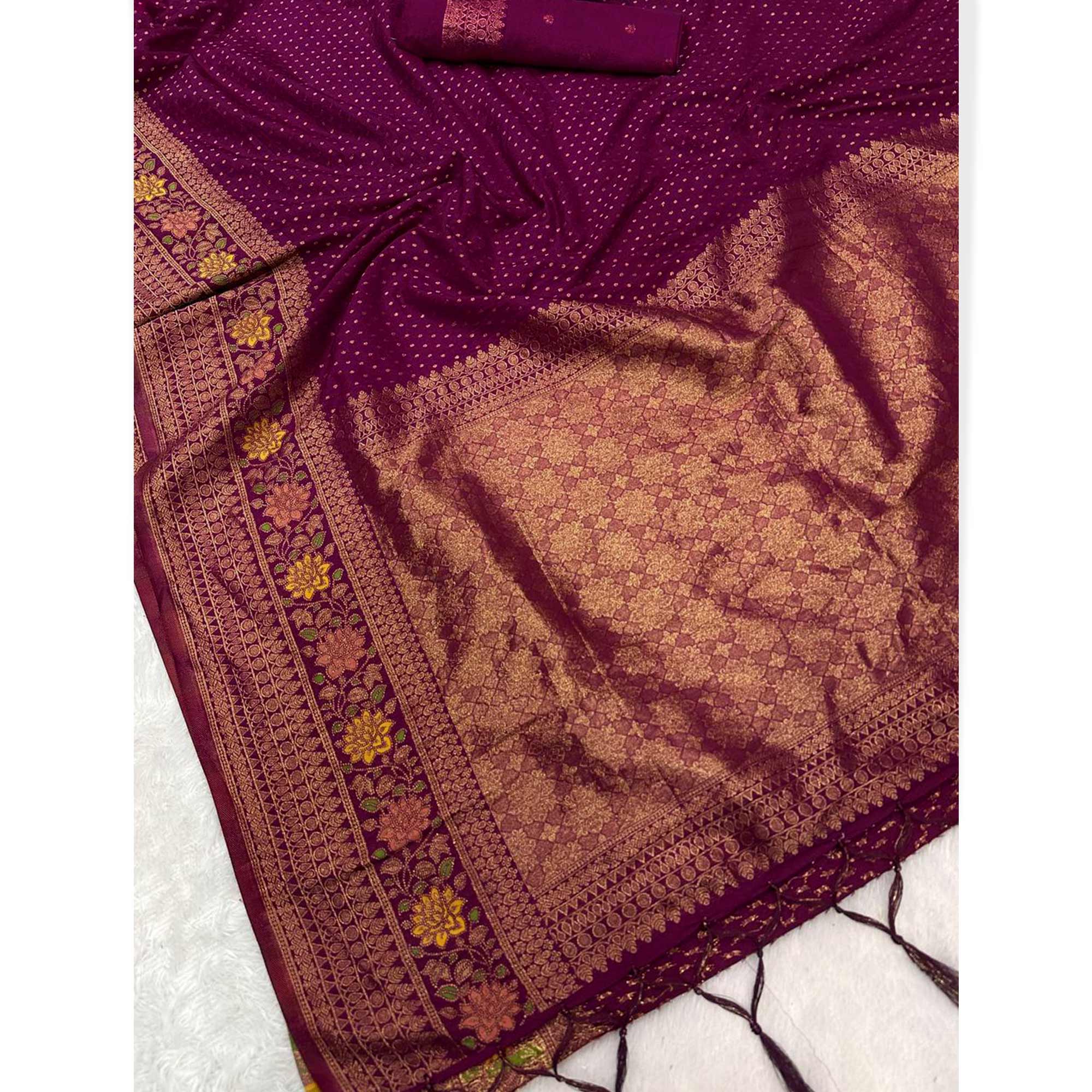 Wine Saree in Pure Georgette Featuring Delicate Zari Butti Work