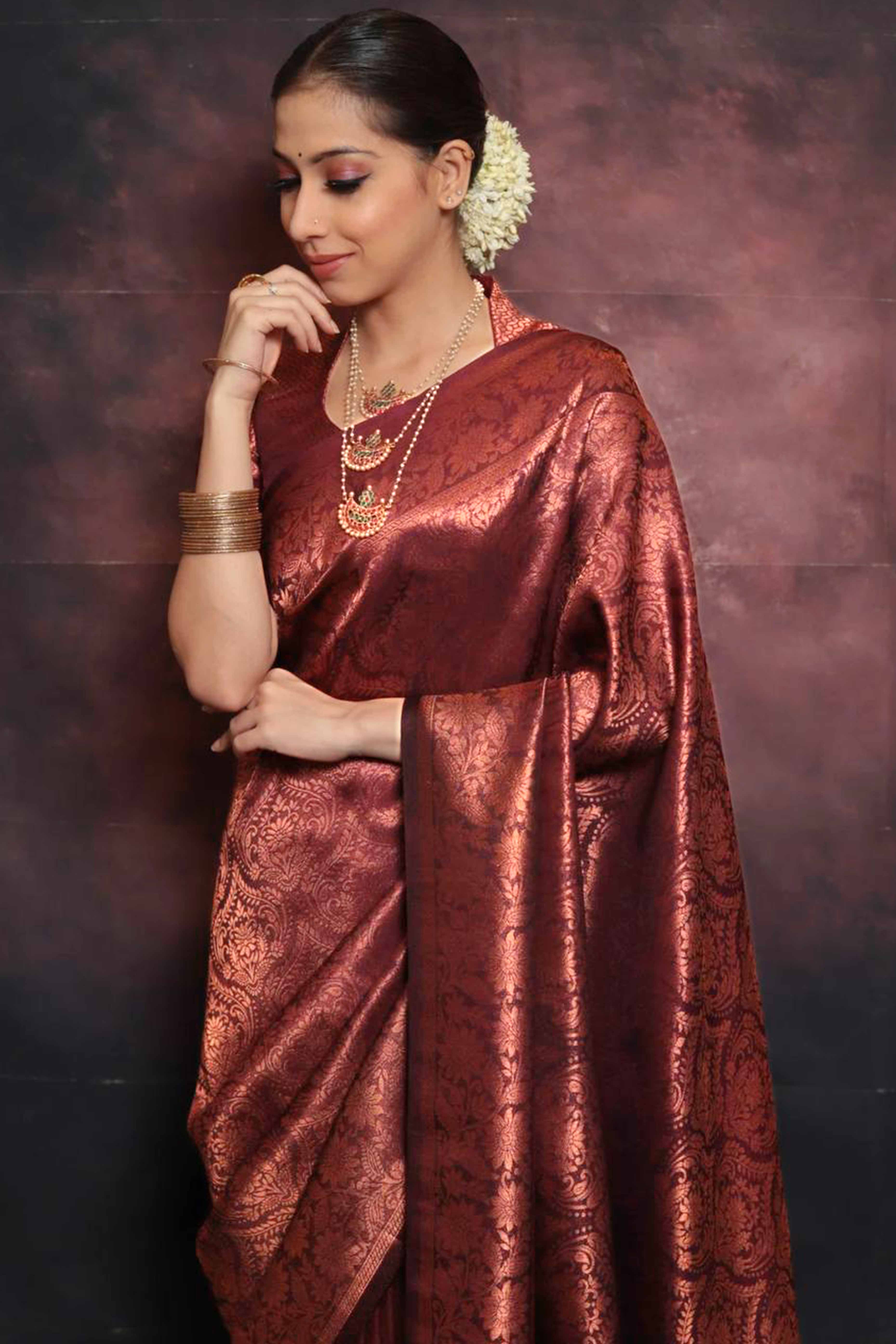 Royal Rusty Maroon Pure Silk Banarasi Saree Highlighted with Handwoven Zari Buta Motifs