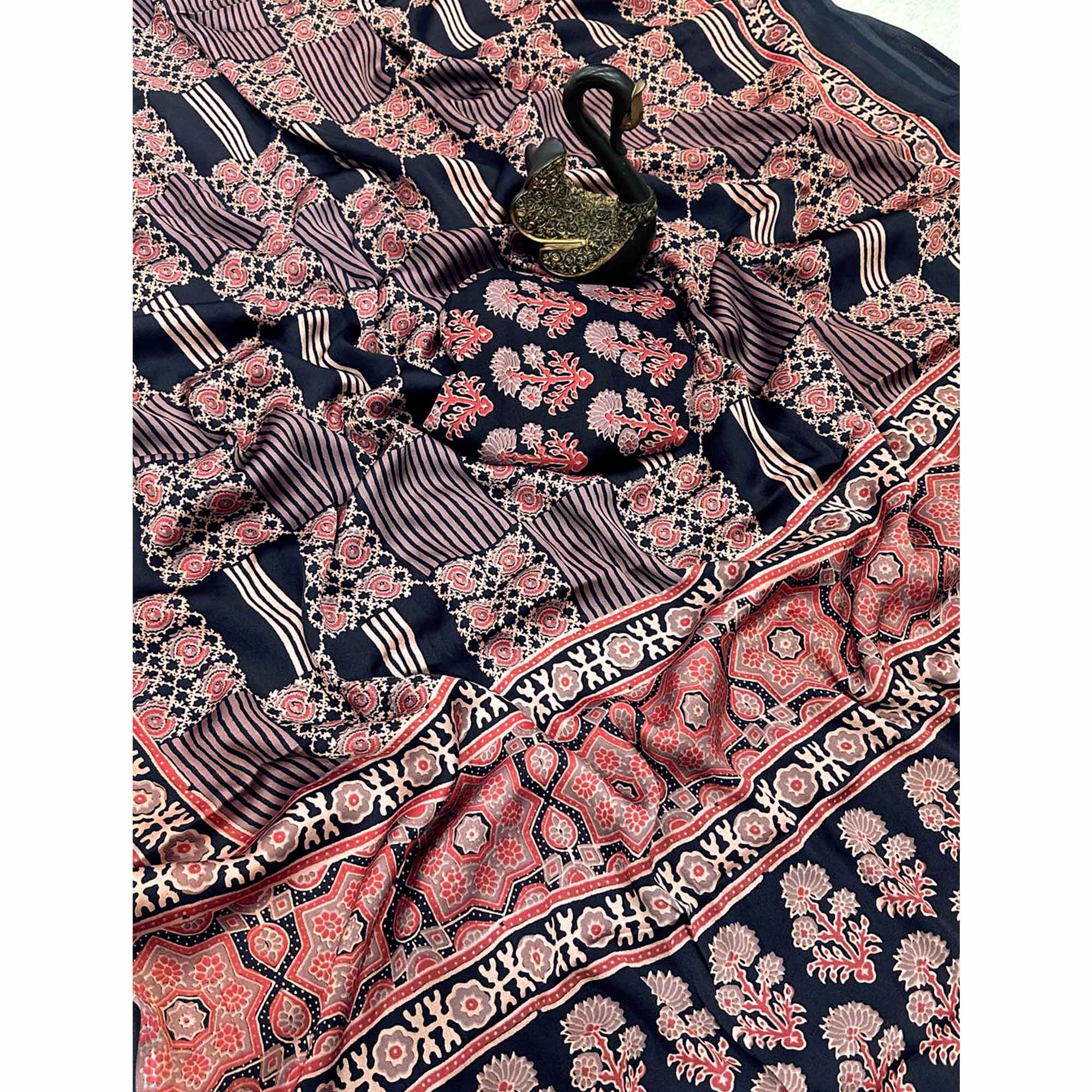 Designer Black Ajrakh Print Pure Silk Saree for Special Occasions