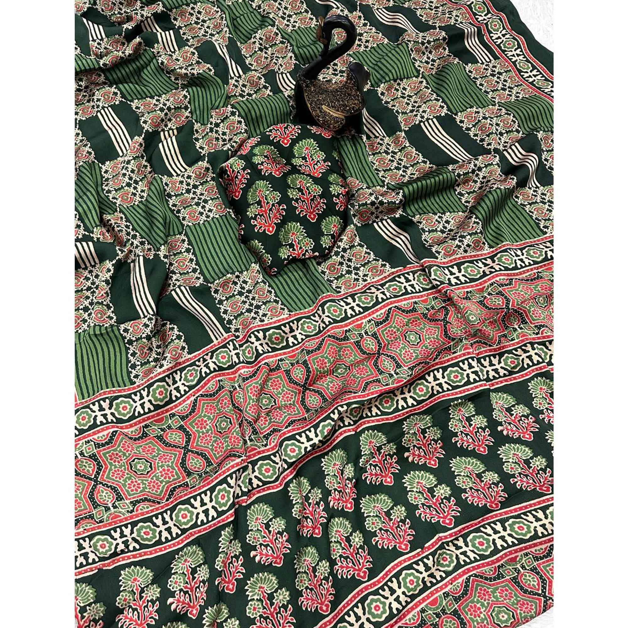 Designer Green Ajrakh Print Pure Silk Saree for Special Occasions