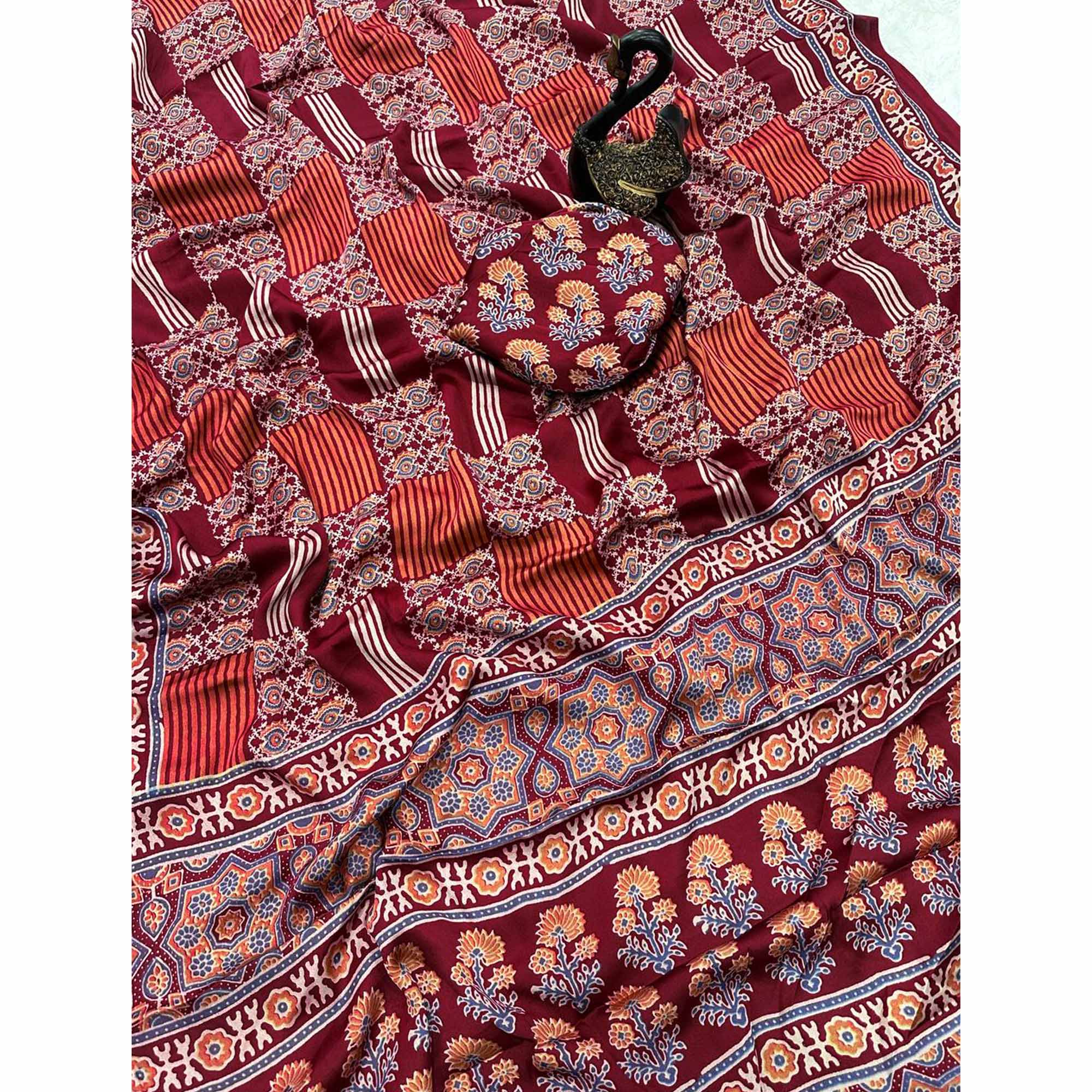 Designer Maroon Ajrakh Print Pure Silk Saree for Special Occasions