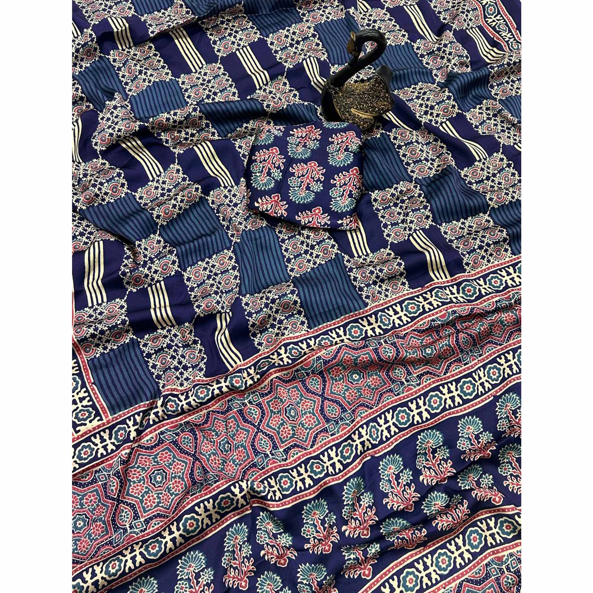 Designer Navy Blue Ajrakh Print Pure Silk Saree for Special Occasions