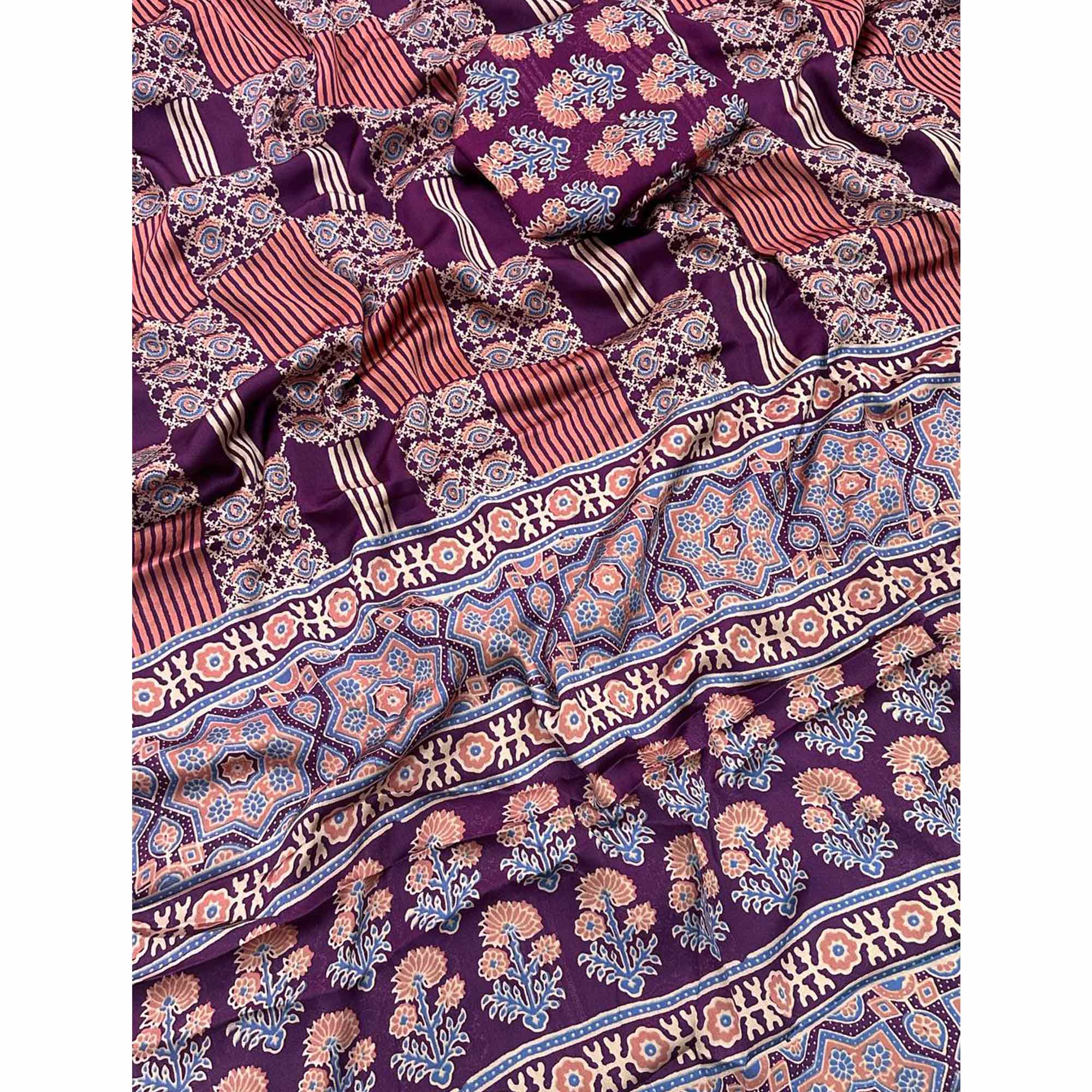 Designer Purple Ajrakh Print Pure Silk Saree for Special Occasions