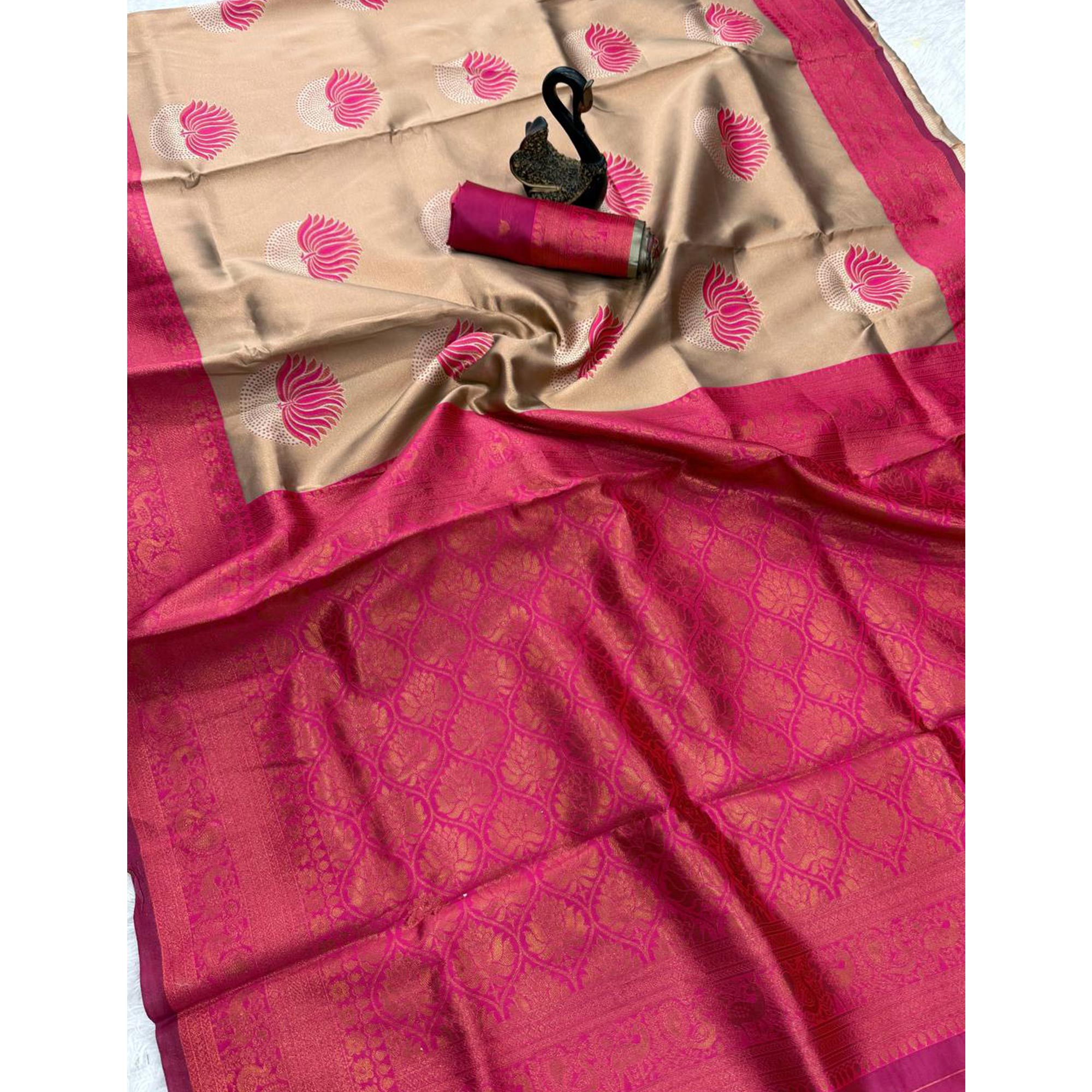Pink Floral Zari Weaving Banarasi Silk Saree Embellished With Intricate Unique Border & Pallu