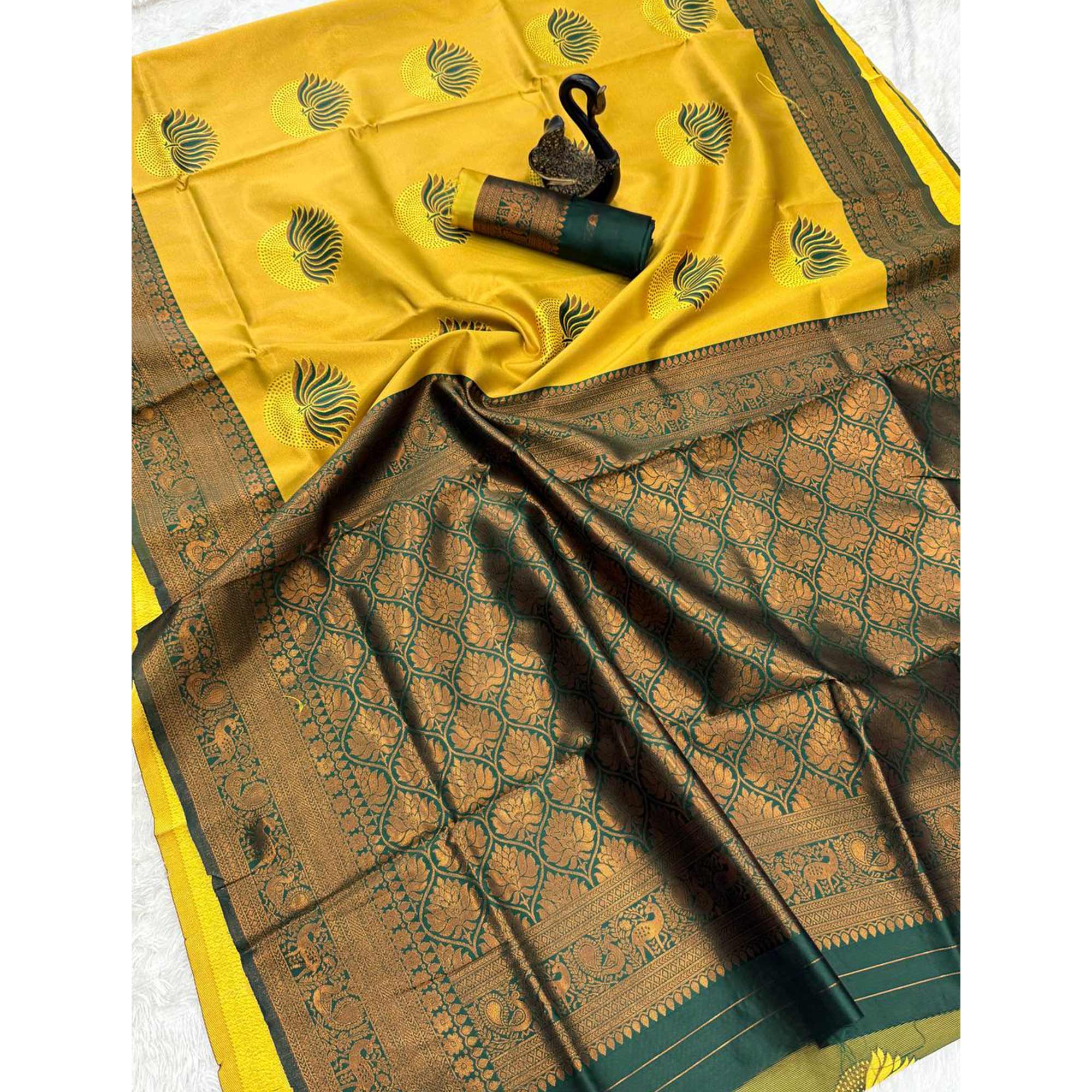 Yellow & Green Floral Zari Weaving Banarasi Silk Saree Embellished With Unique Border & Pallu