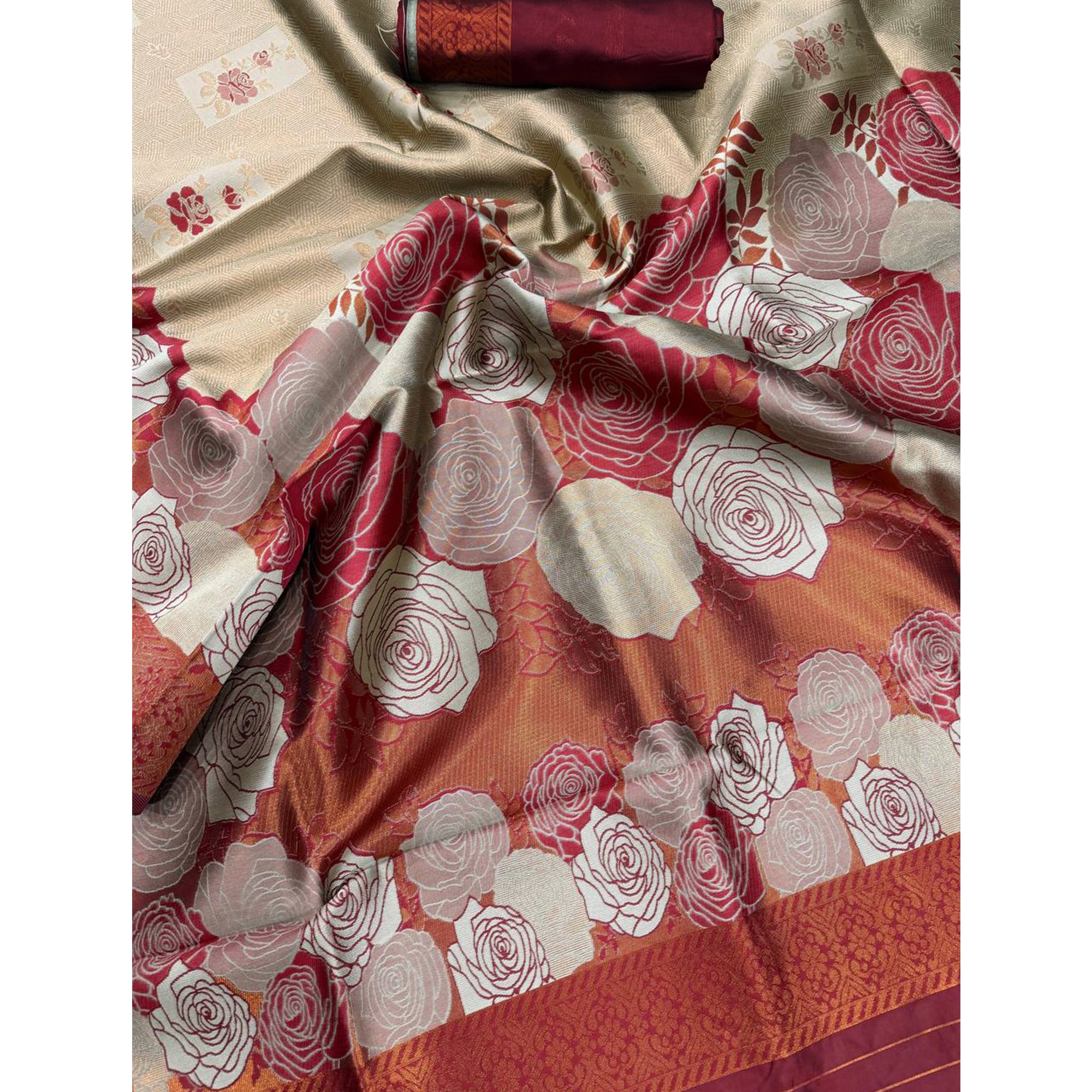 Beige Handloom Banarasi Silk Saree Enhanced with Artistic Floral Zari Weaving for Timeless Appeal