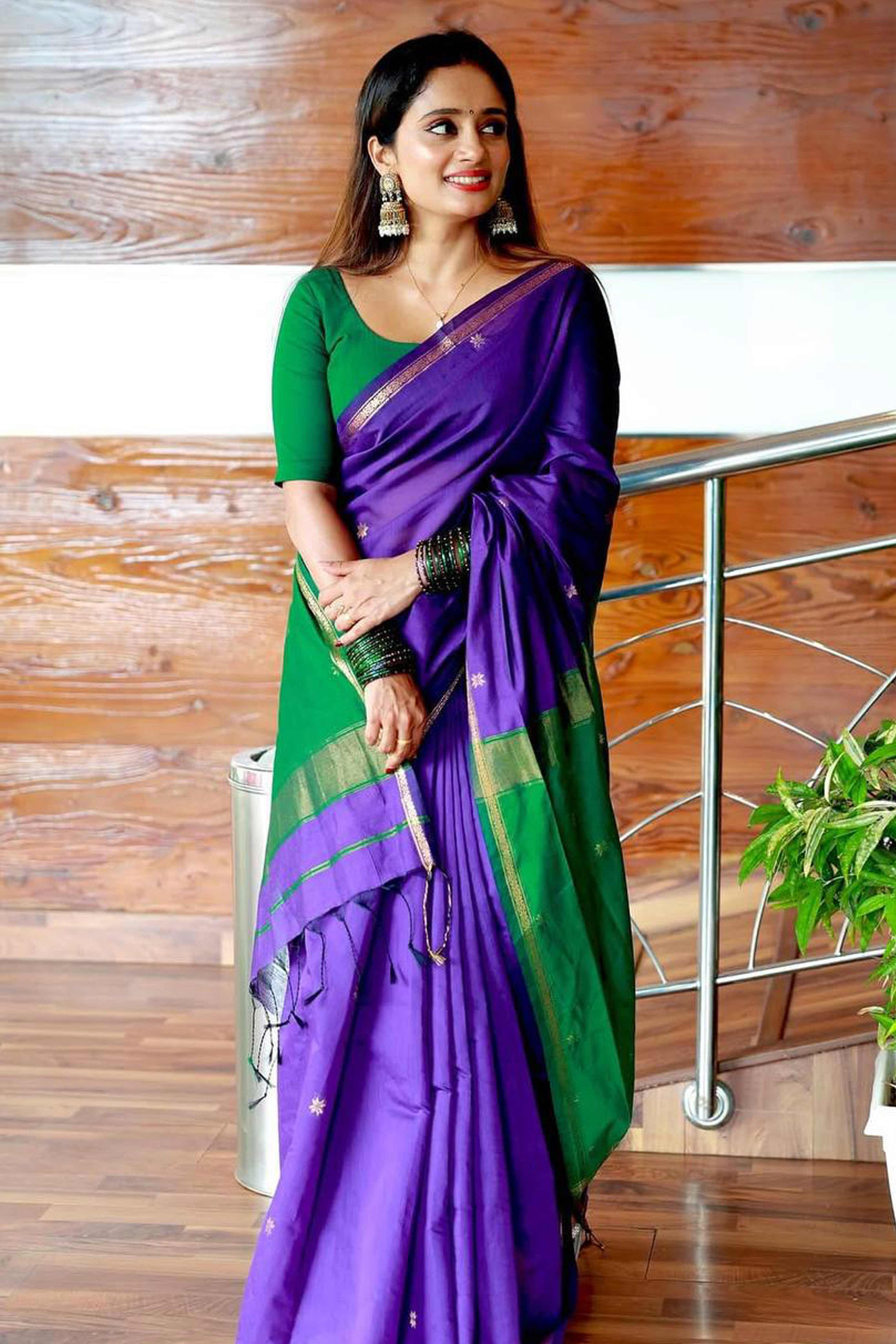 Purple Linen Cotton Saree Adorned with Intricate Zari Butti Weaving for a Refined Ethnic Appeal