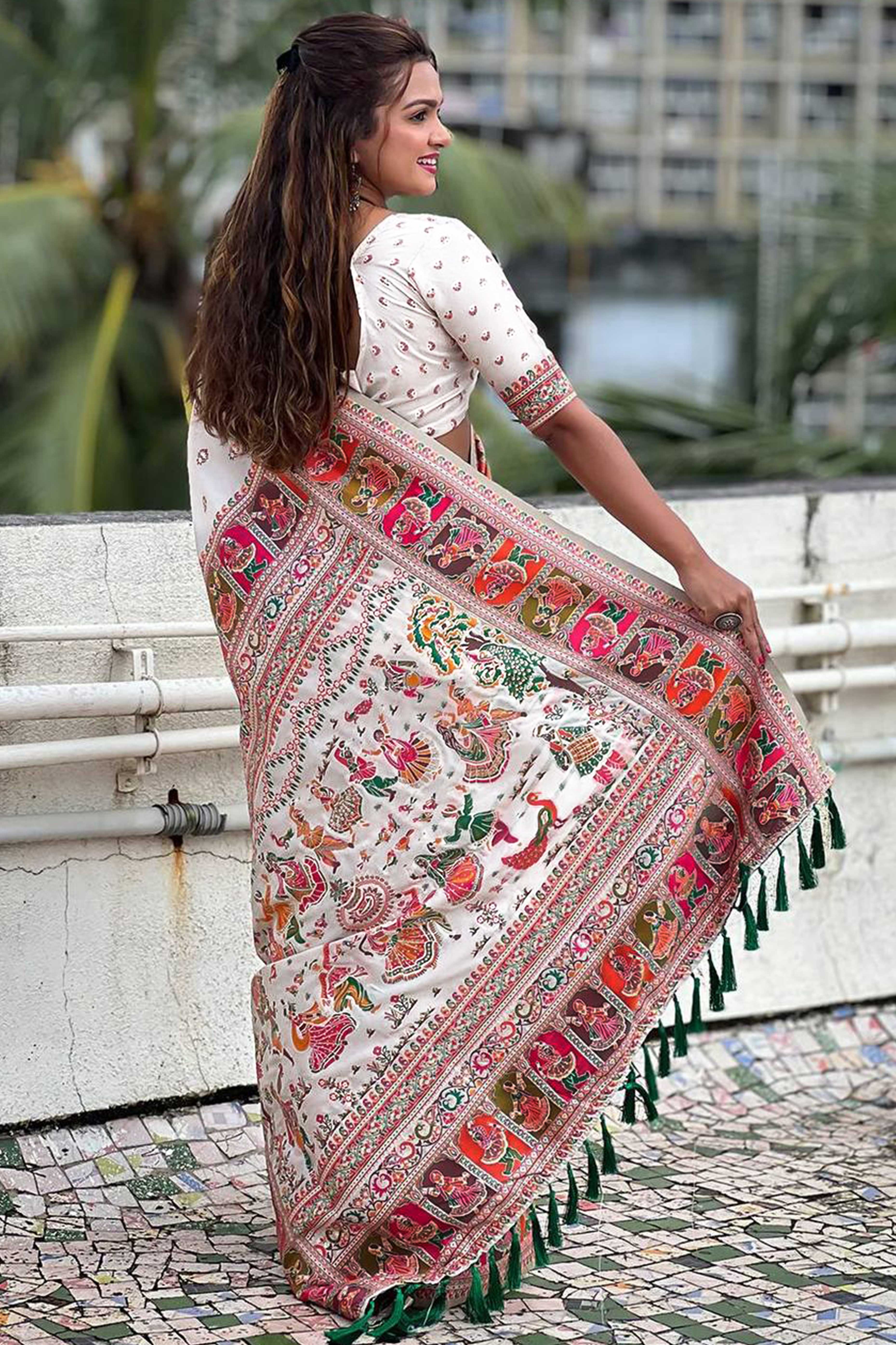 White Pashmina Silk Saree Enhanced with Intricate Rajwadi Zari Weaves for Festive Elegance