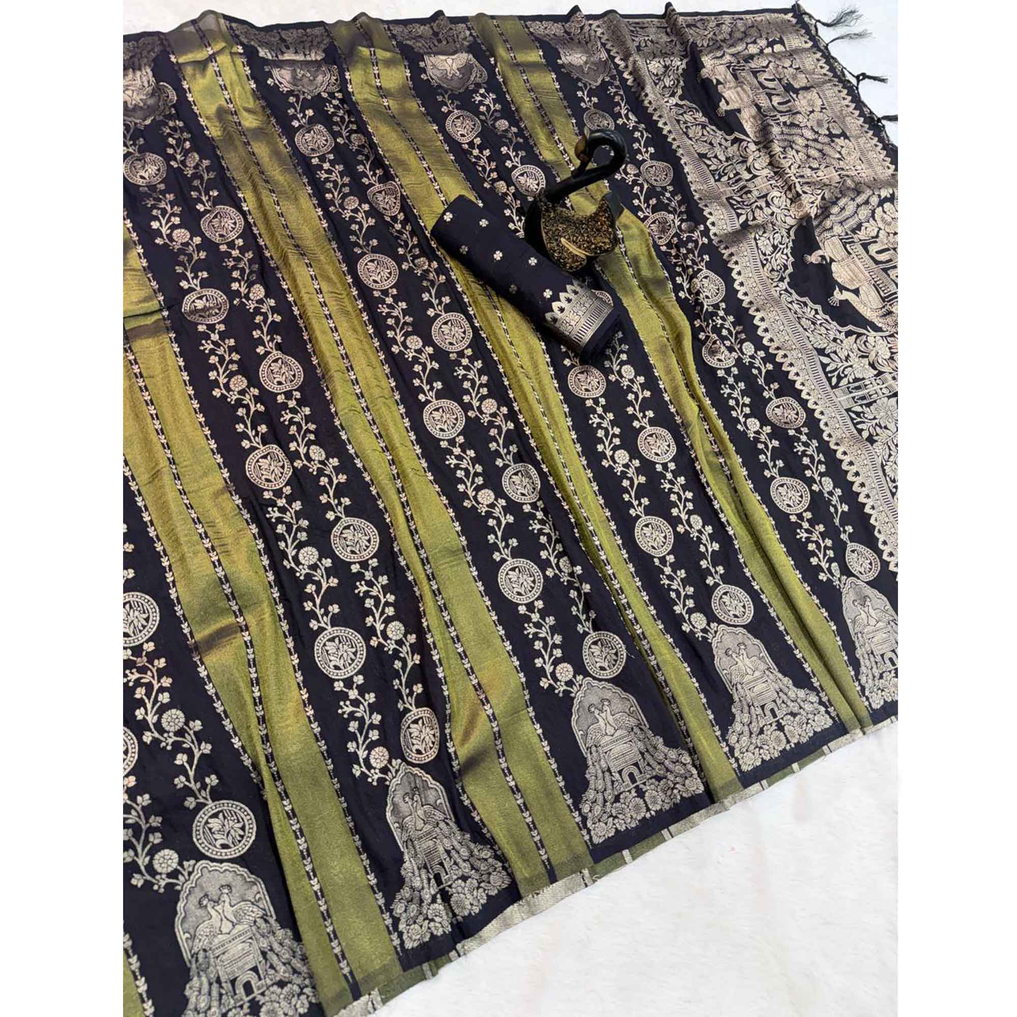 Black Festive Wear Chinya Tissue Silk Saree Enhanced with Intricate Zari Weaving Detailing