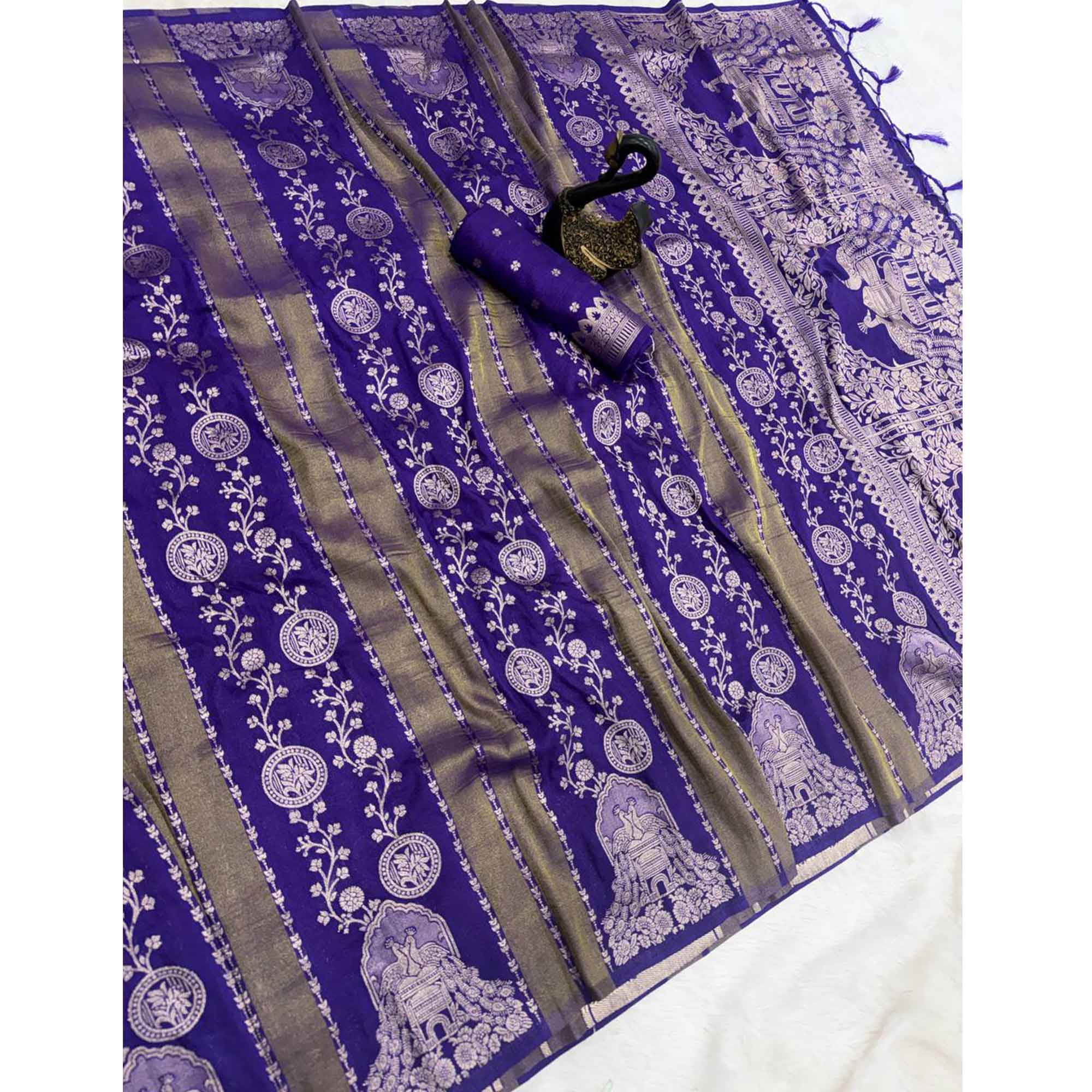 Violet Festive Wear Chinya Tissue Silk Saree Enhanced with Intricate Zari Weaving Detailing