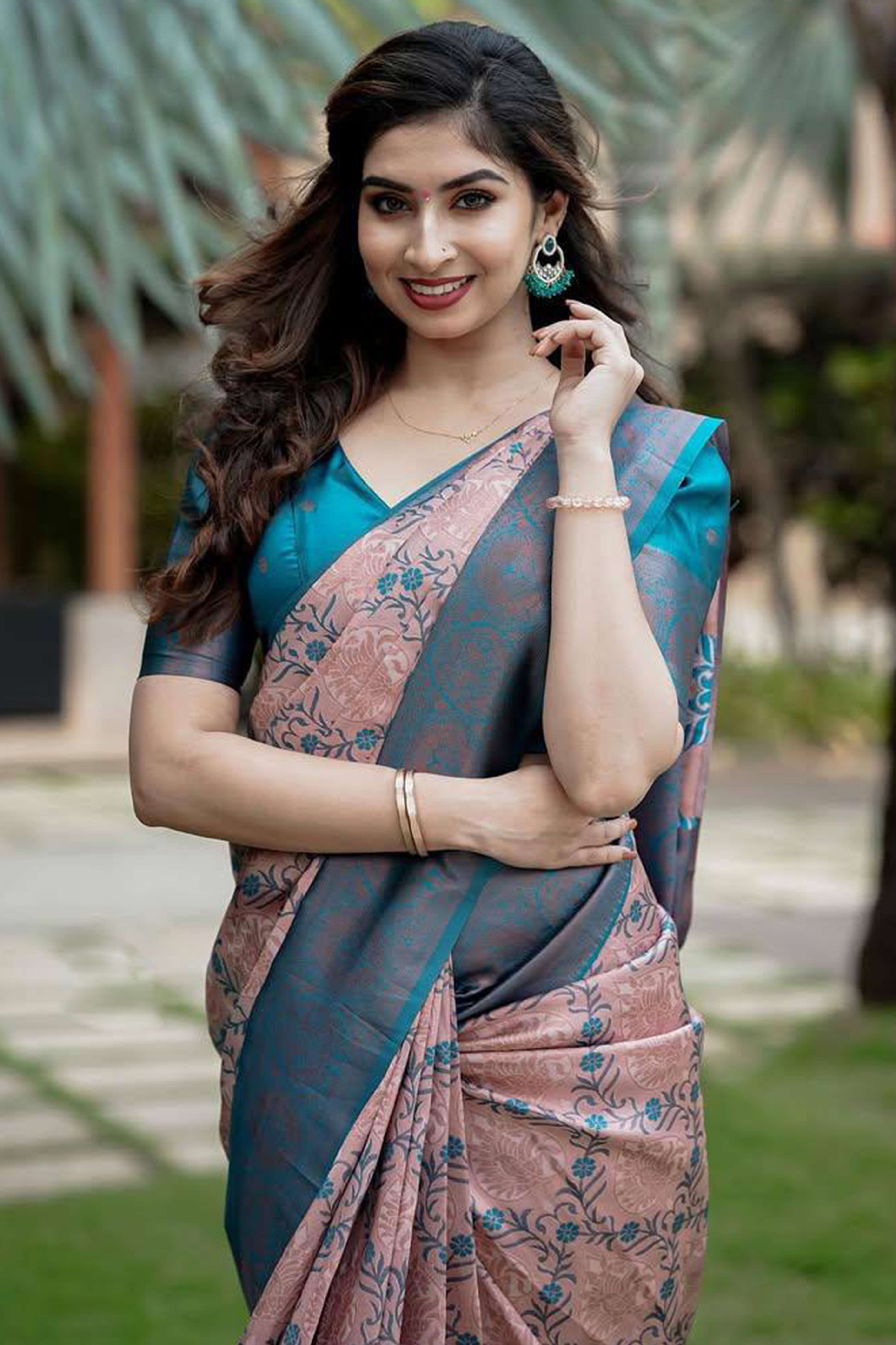 Peach & Blue Floral Woven Lichi Banarasi Silk Saree