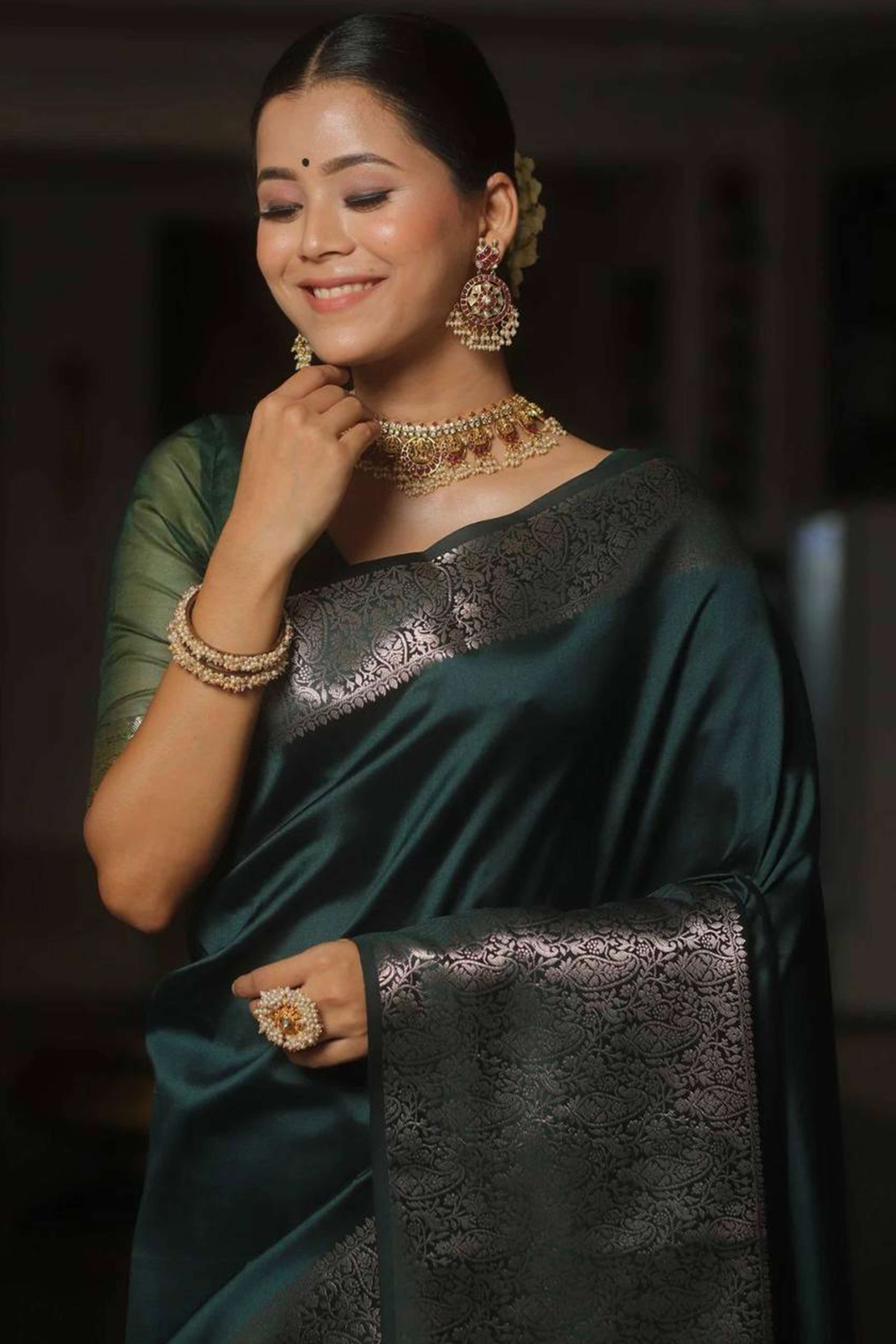 Green Floral Woven Border Lichi Banarasi Silk Saree