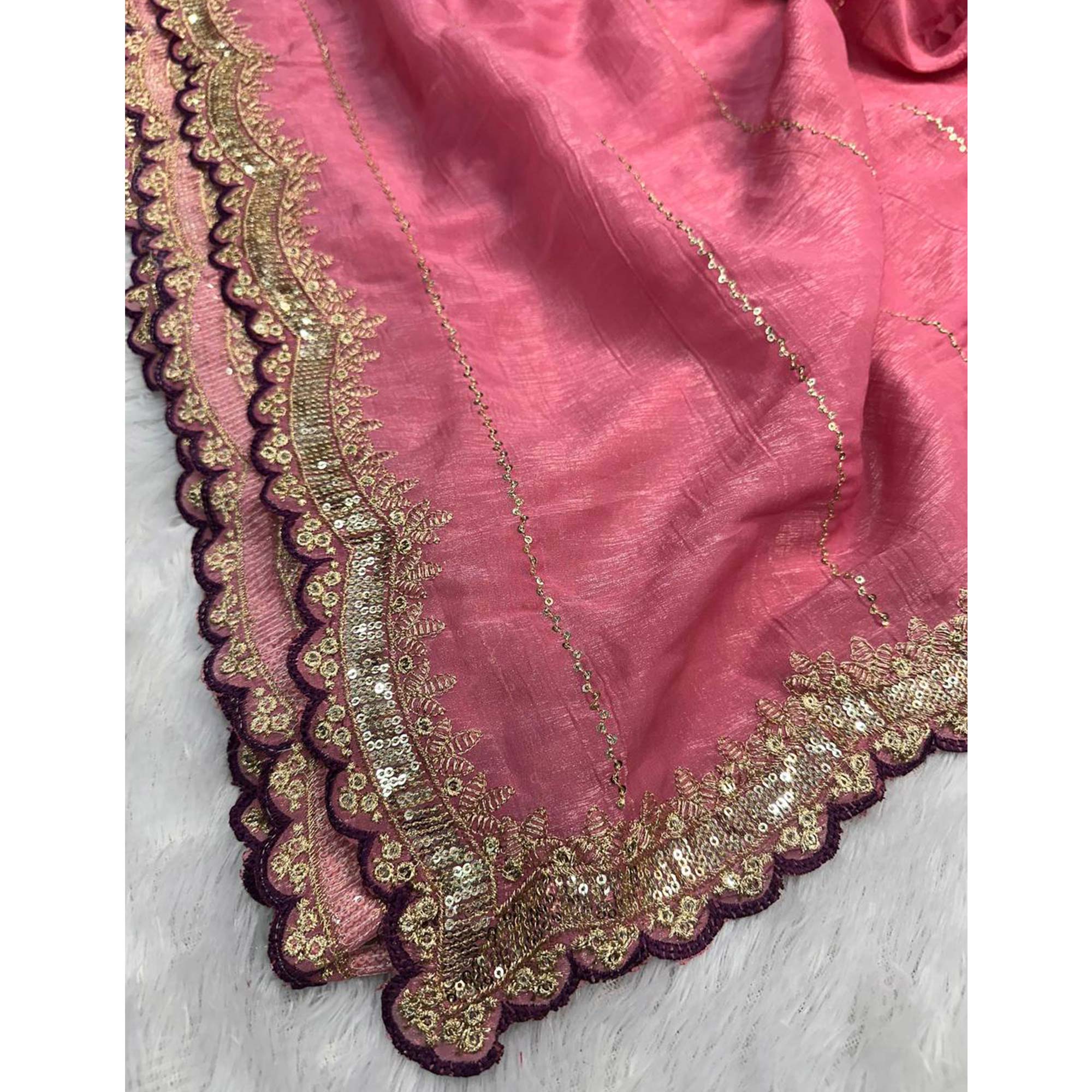 Gajari Pink Sequins Embroidered Tussar silk Saree