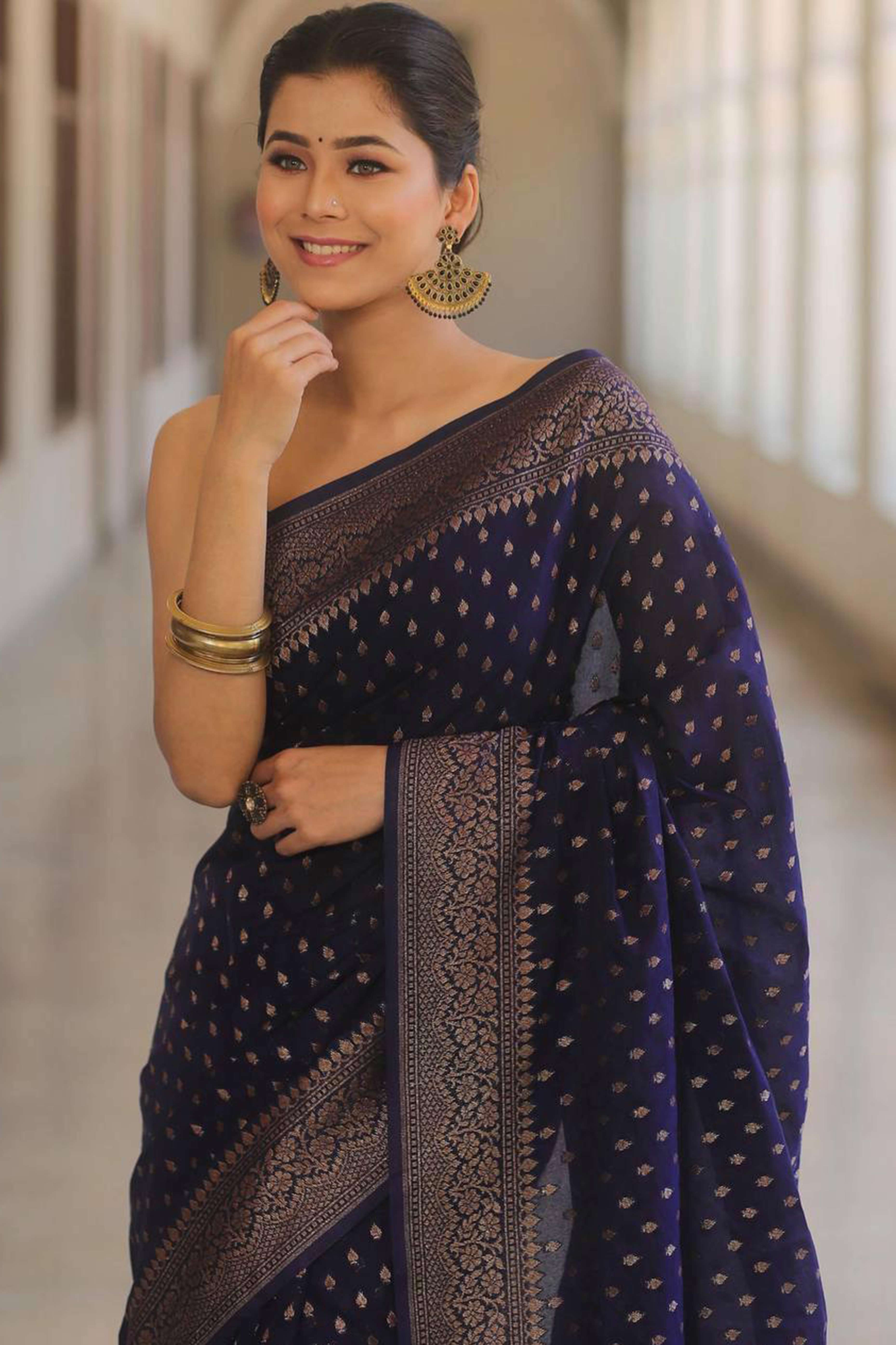 Navy Blue Floral Woven Lichi Banarasi Silk Saree