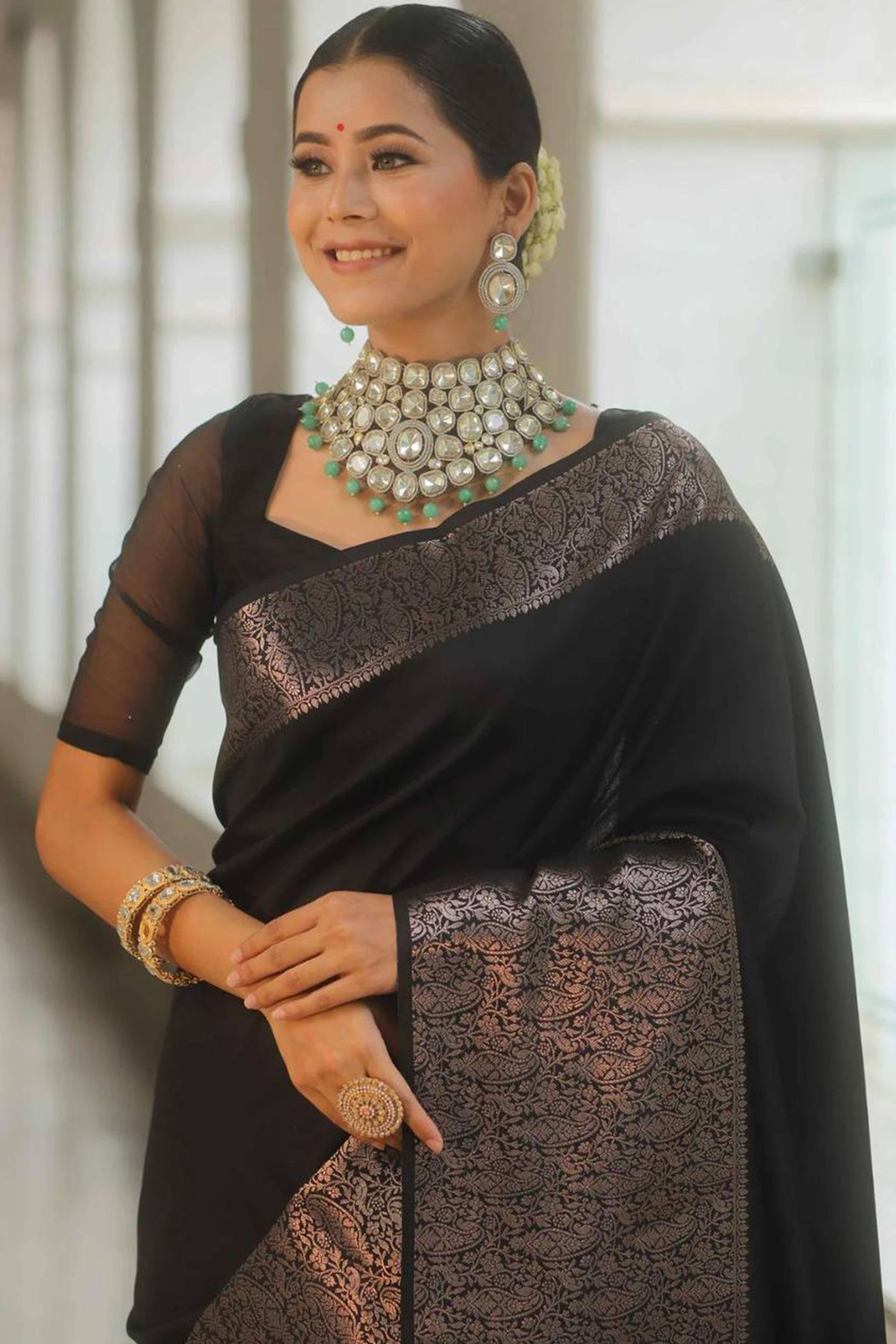 Black Floral Woven Border Lichi Banarasi Silk Saree