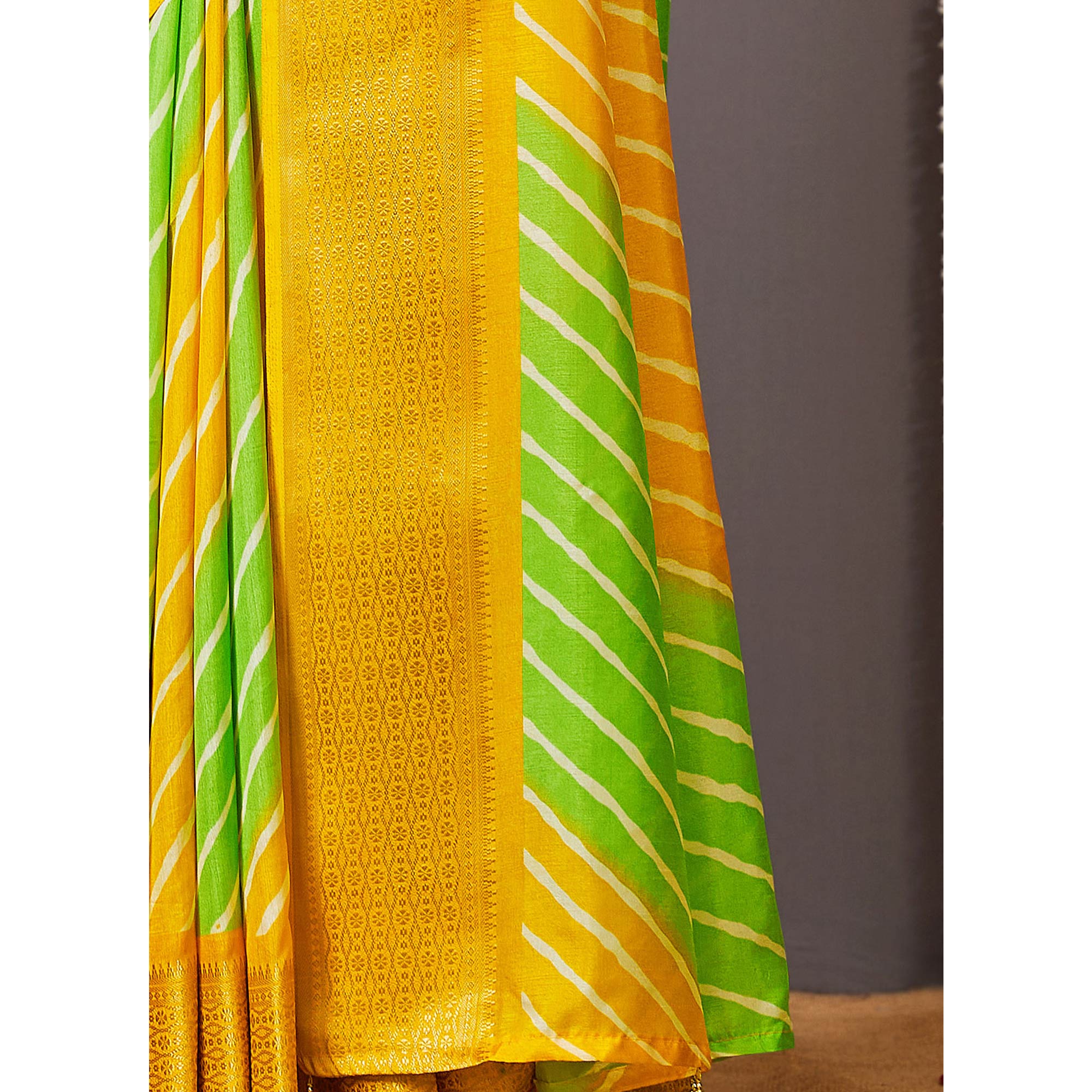 Green & Yellow Printed Dola Silk Saree With Zari Border