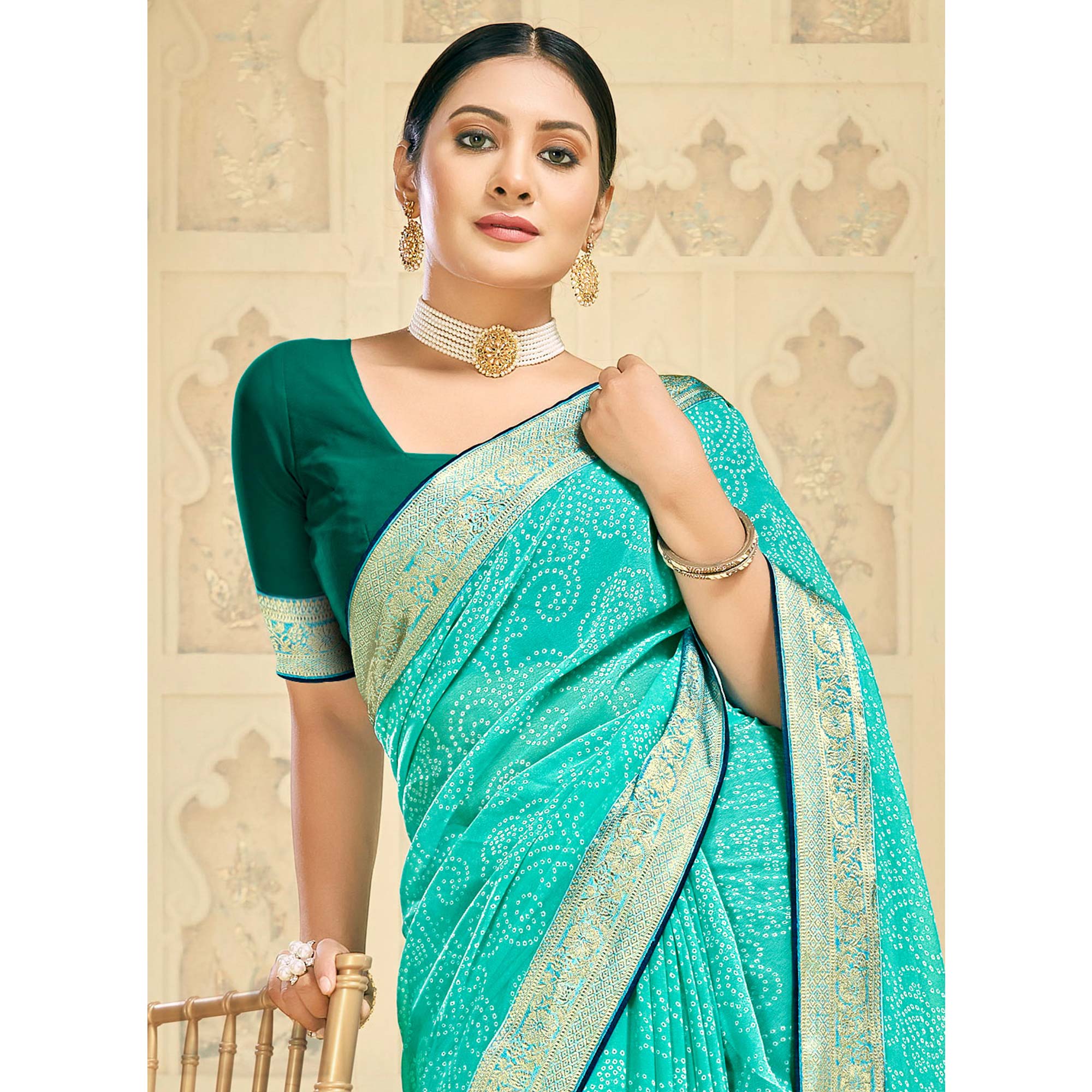 Turquoise Bandhani Printed Georgette Saree