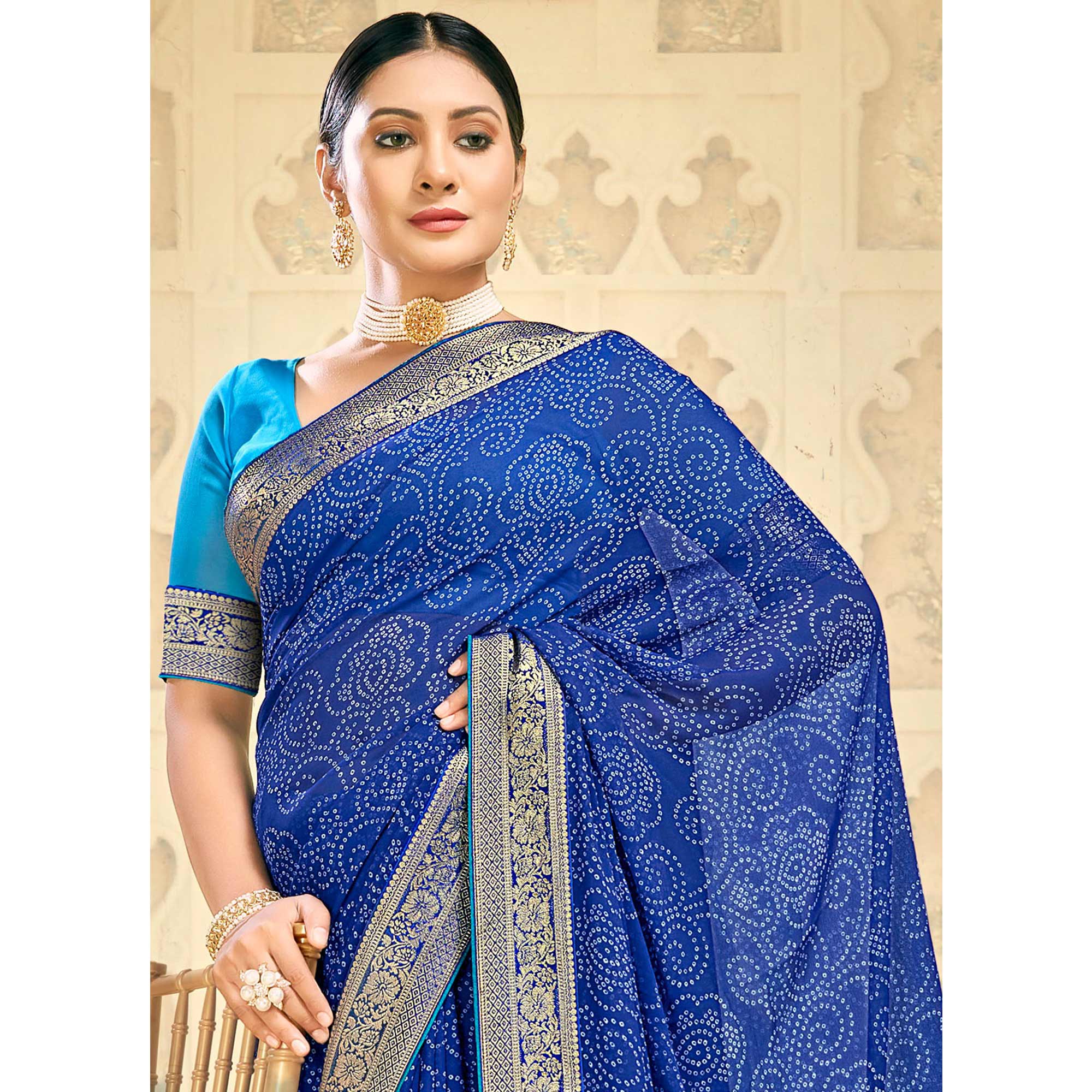 Blue Bandhani Printed Georgette Saree