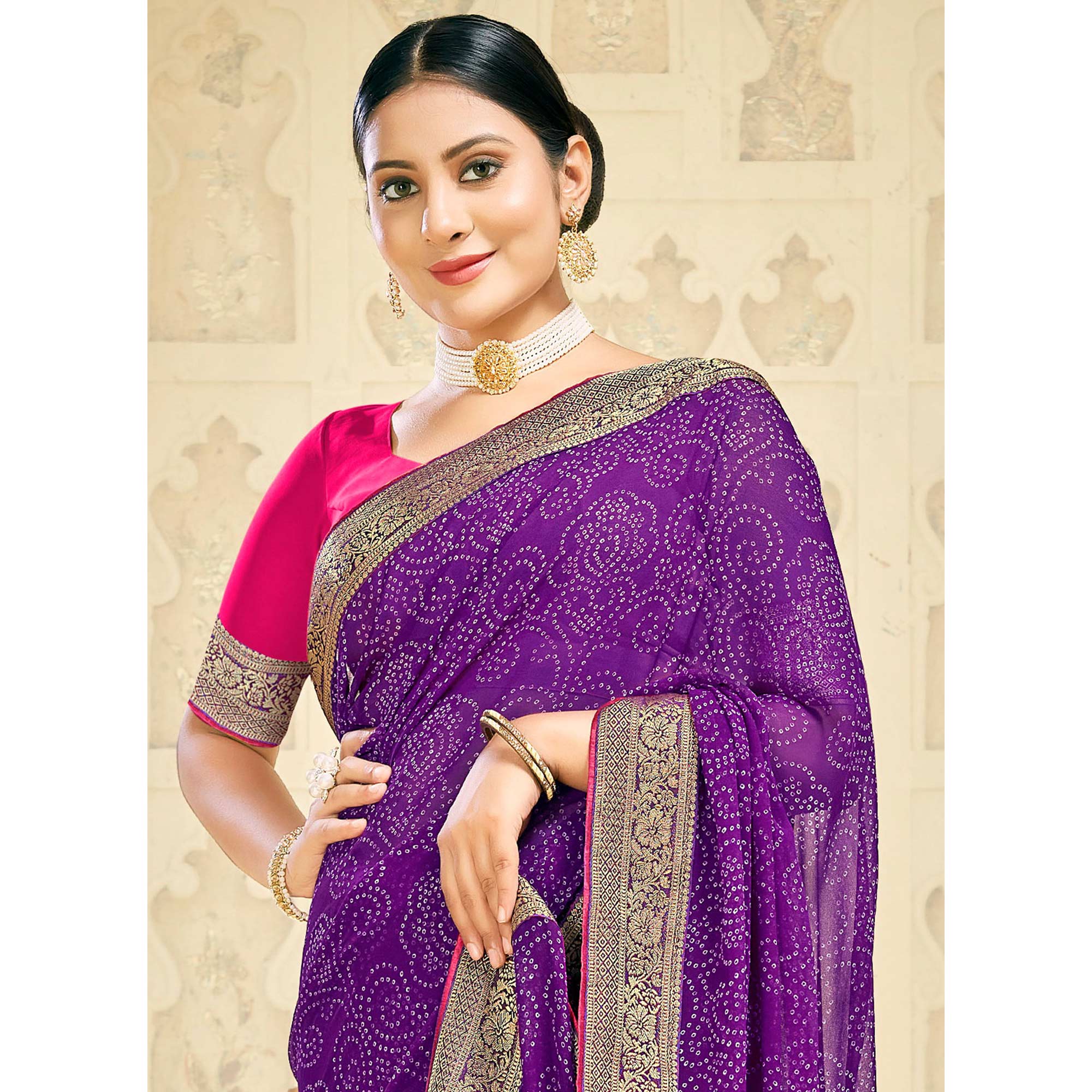 Purple Bandhani Printed Georgette Saree